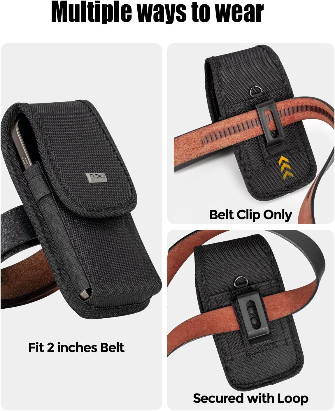 Demonstrates the versatility of the phone case by showing three different ways to wear or attach it (belt loop, belt clip, and secured loop), reassuring shoppers of its flexible carrying options.