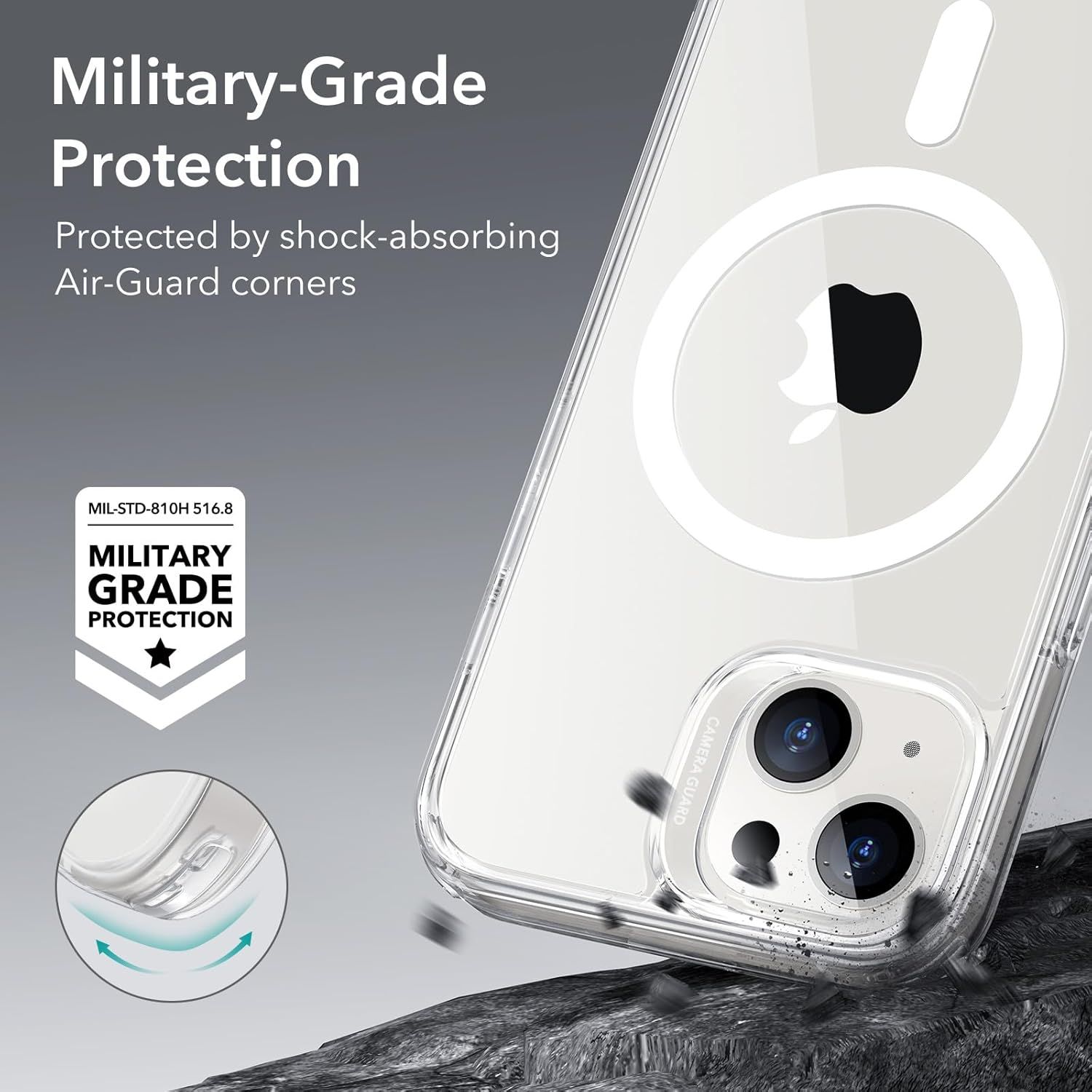 Highlights the phone case's military-grade drop protection by pointing to the shock-absorbing Air-Guard corner technology, reassuring shoppers of its durability and safety certification.…