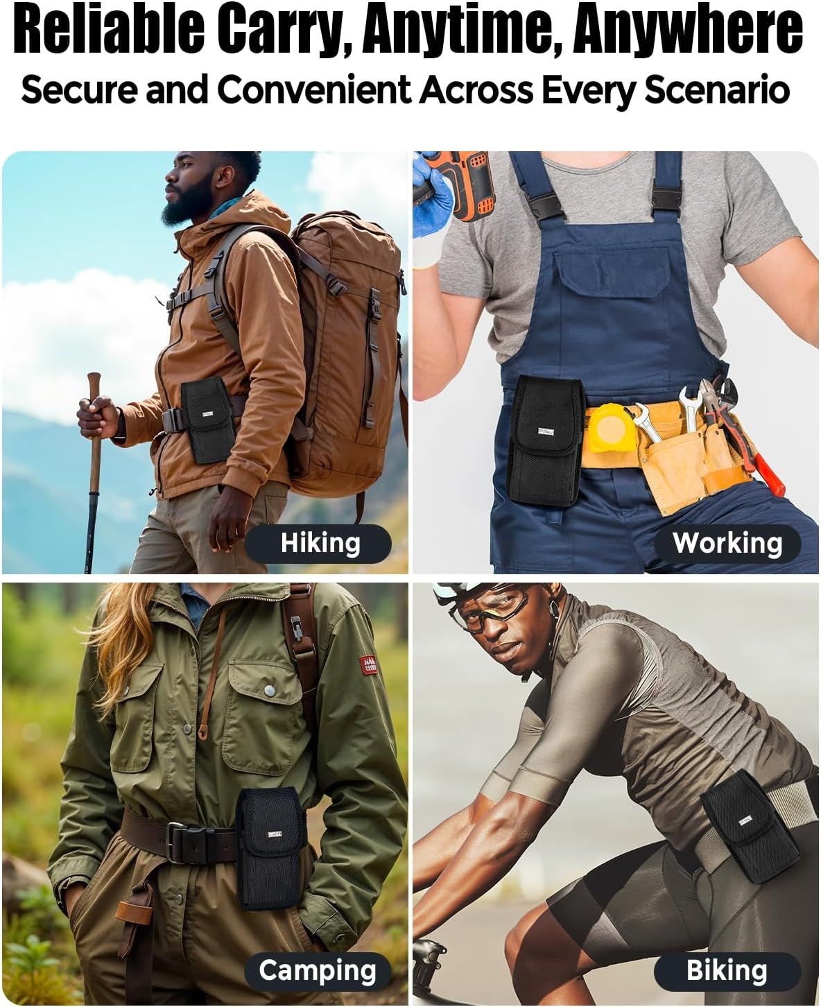 Demonstrates the product's versatility by showing it in four distinct real-world scenarios (hiking, working, camping, biking) to reassure shoppers it's suitable for various activities and lifestyles.