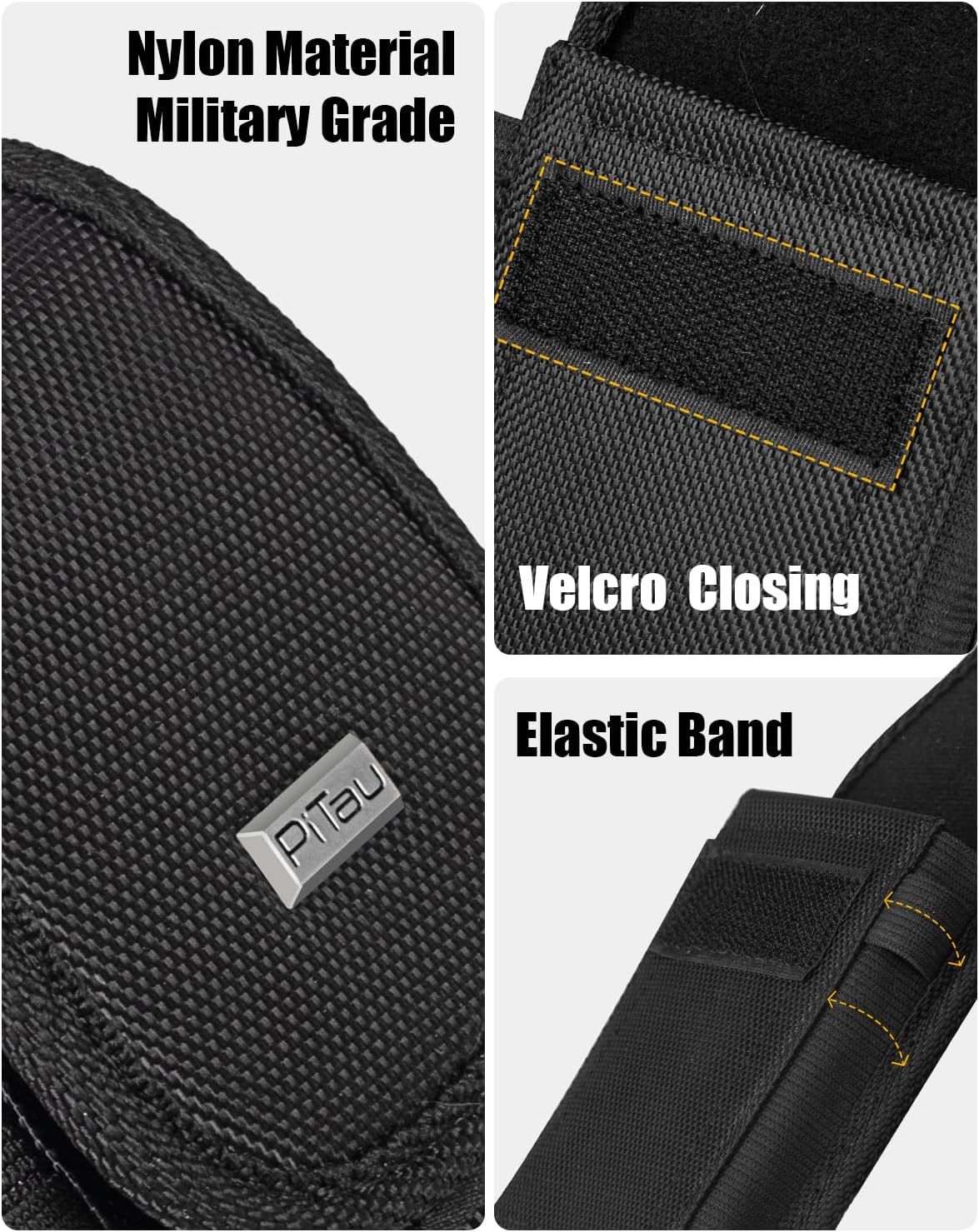 This image breaks down the product's key physical components and construction features—military-grade nylon material, velcro closure system, and elastic band—to communicate durability, quality, and…