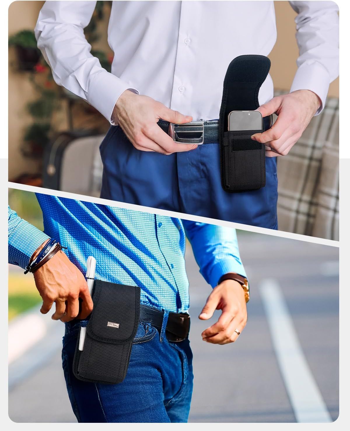Demonstrates the product being worn in everyday lifestyle contexts to help shoppers visualize how it looks and functions when attached to a belt.