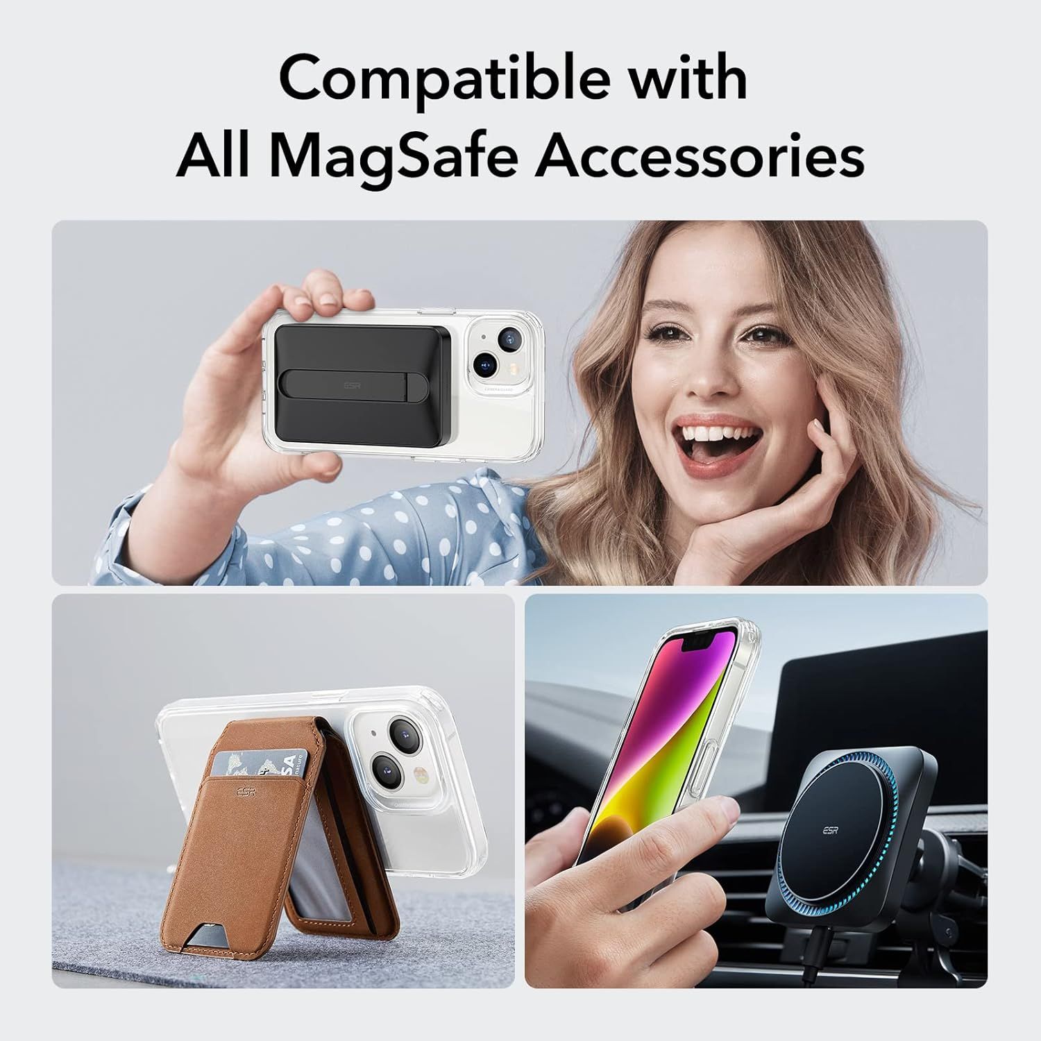 Demonstrates the product's compatibility with all MagSafe accessories by showing multiple real-world applications including wallet attachment, kickstand functionality, and car mount usage. Reassures…