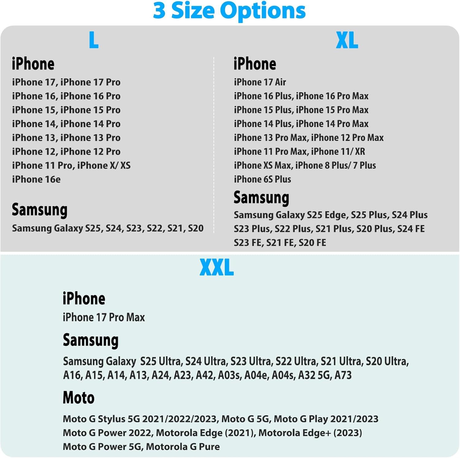 This image shows shoppers which phone models and sizes the product is compatible with, helping them choose the right size option for their specific device. Demonstrates the wide range of phone…