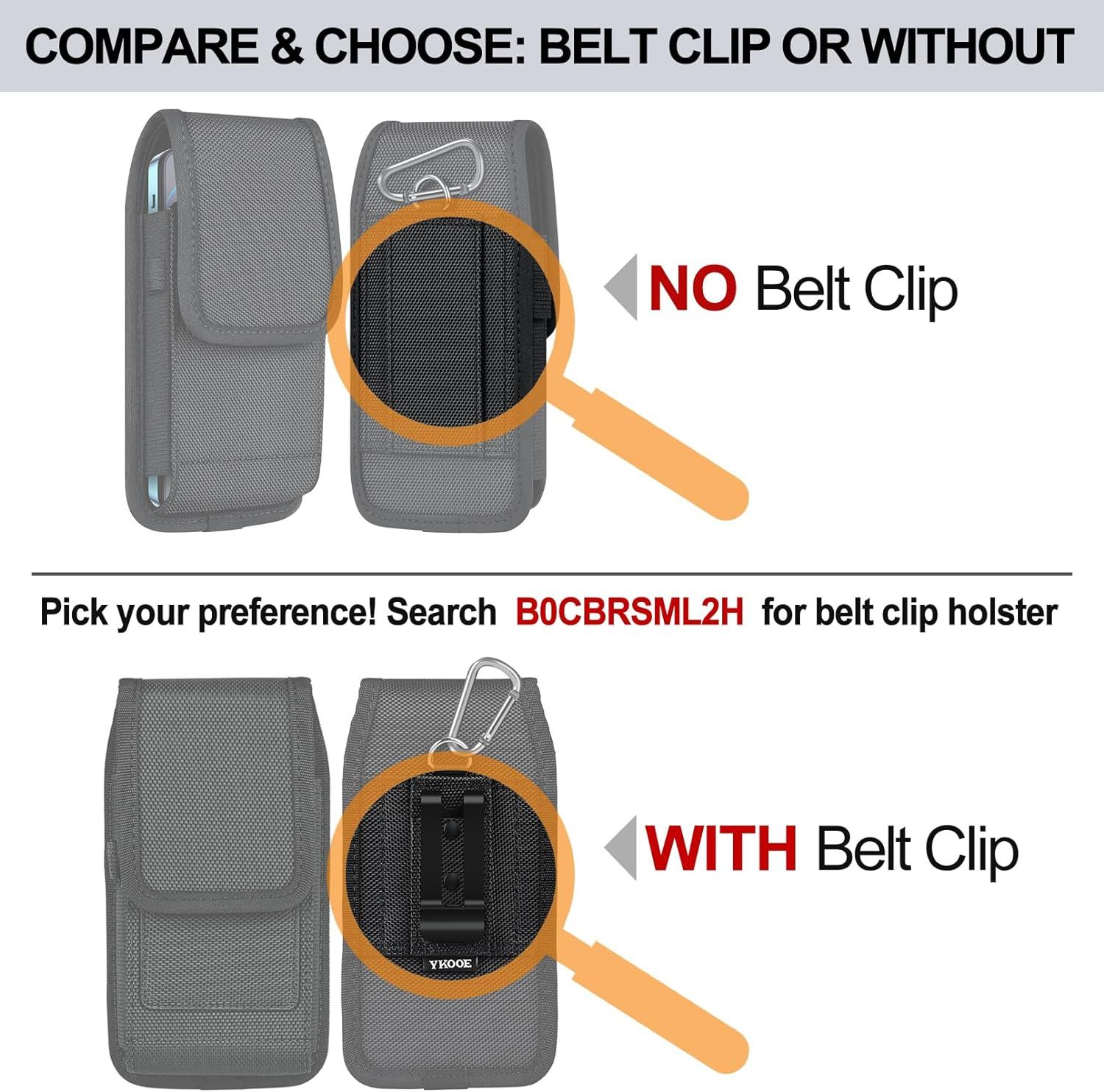 Helps shoppers choose between two variants of the same brand's product line by showing the difference between the belt clip and non-belt clip versions.