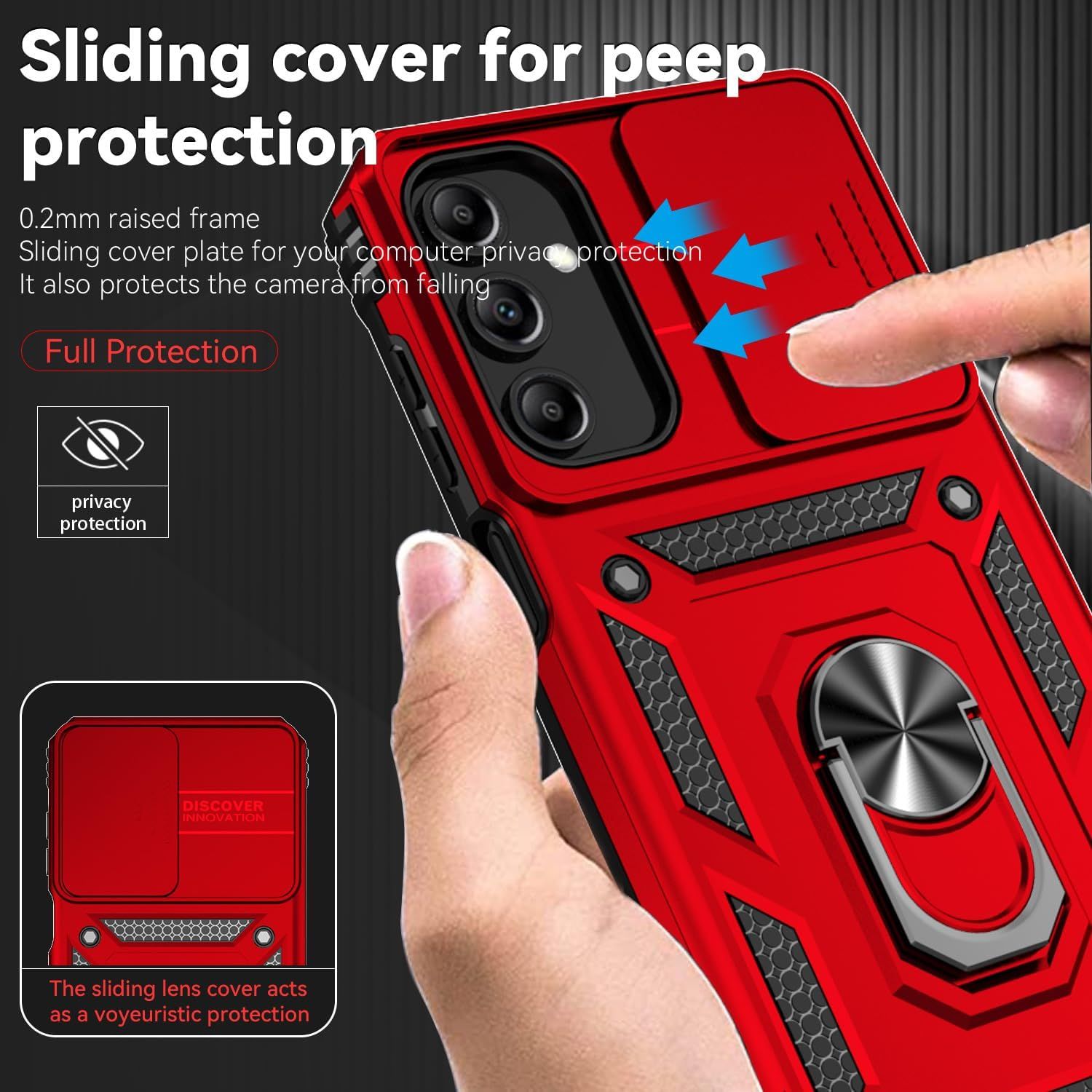 Highlights the physical components of the phone case, specifically the sliding camera cover mechanism that provides privacy protection and prevents camera damage. Communicates the primary benefit of…