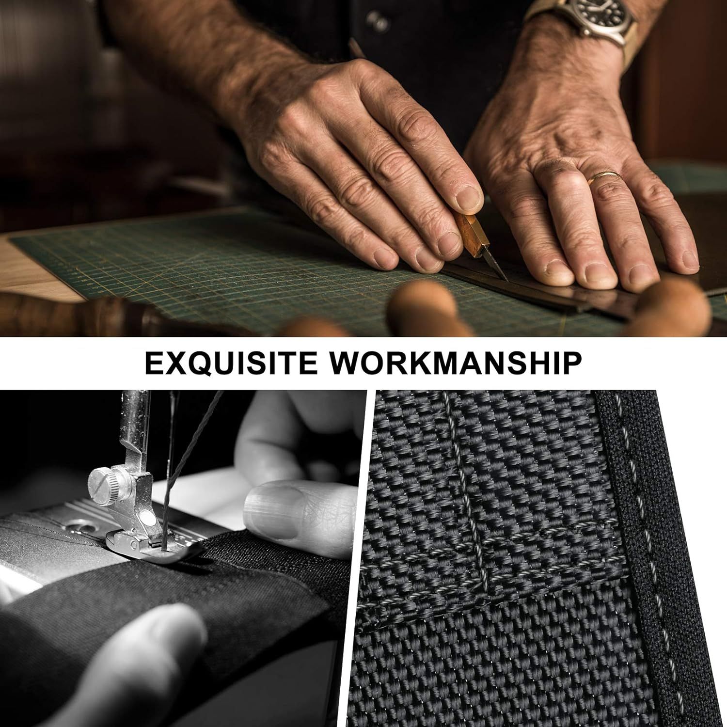 Communicates the product's superior craftsmanship and attention to detail through multiple visual panels showing hand-cutting, machine stitching, and woven material close-ups to build trust in…