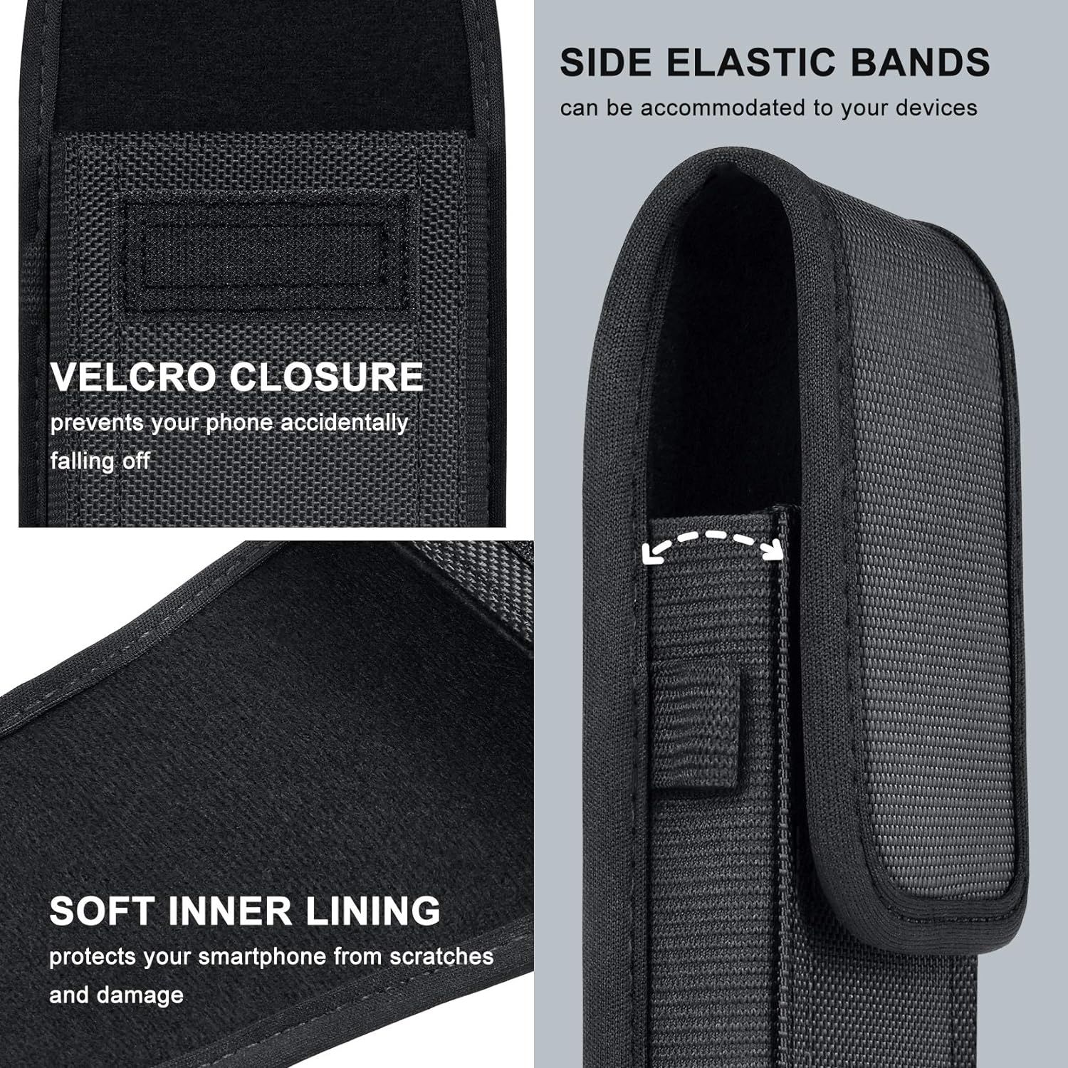Highlights the physical components and construction details of the phone case to demonstrate its secure closure, flexible fit, and protective interior. Showcases multiple distinct benefits of the…