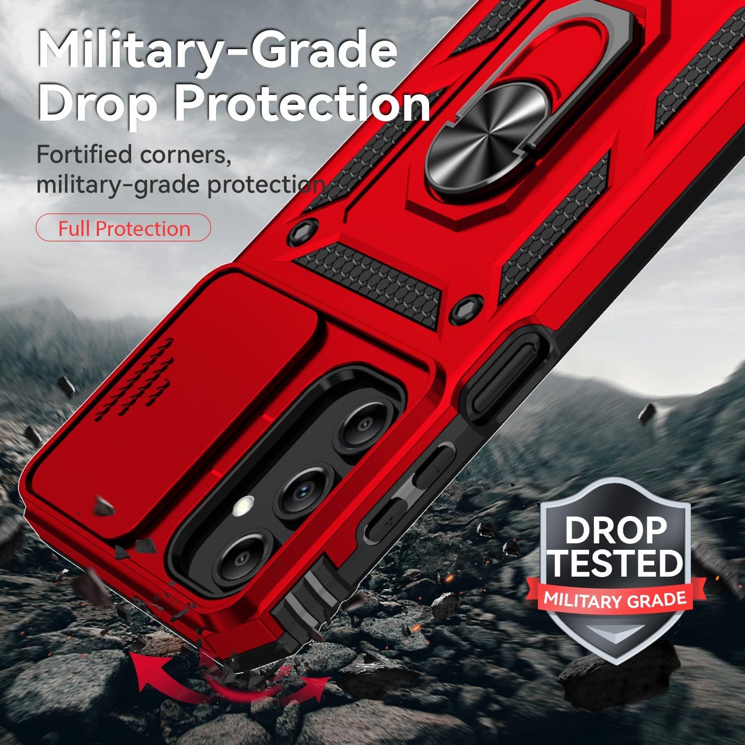 Communicates that the phone case provides military-grade drop protection with fortified corners to reassure shoppers about durability and device safety.