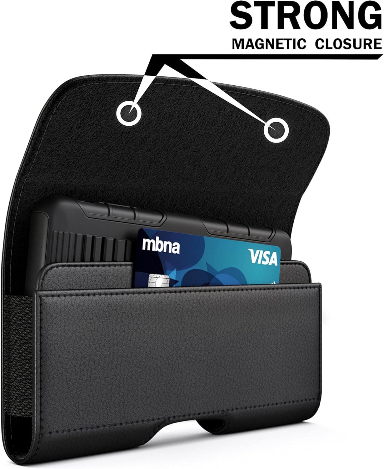 Highlights the magnetic closure mechanism to reassure shoppers that the case securely closes and protects their phone and cards. Communicates the key benefit of a strong magnetic closure that keeps…