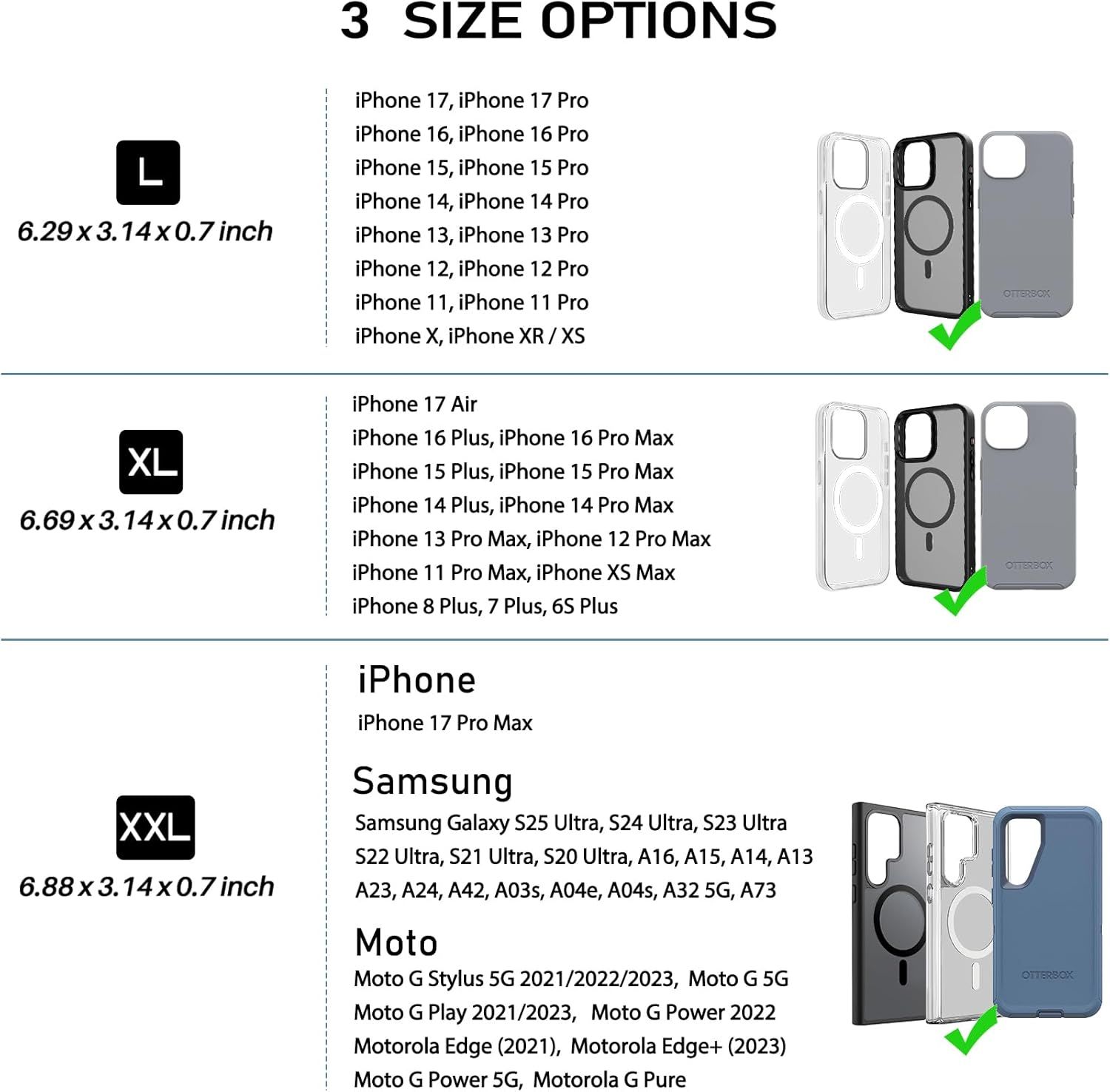 Helps shoppers identify which size variant of the phone case fits their specific device model by showing the three available size options (L, XL, XXL) with comprehensive compatibility lists and…