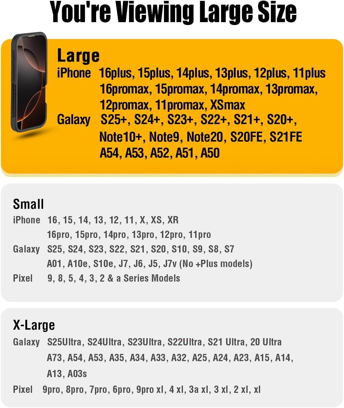 Shows which phone models and sizes the product is compatible with, helping shoppers quickly determine if it fits their specific device.