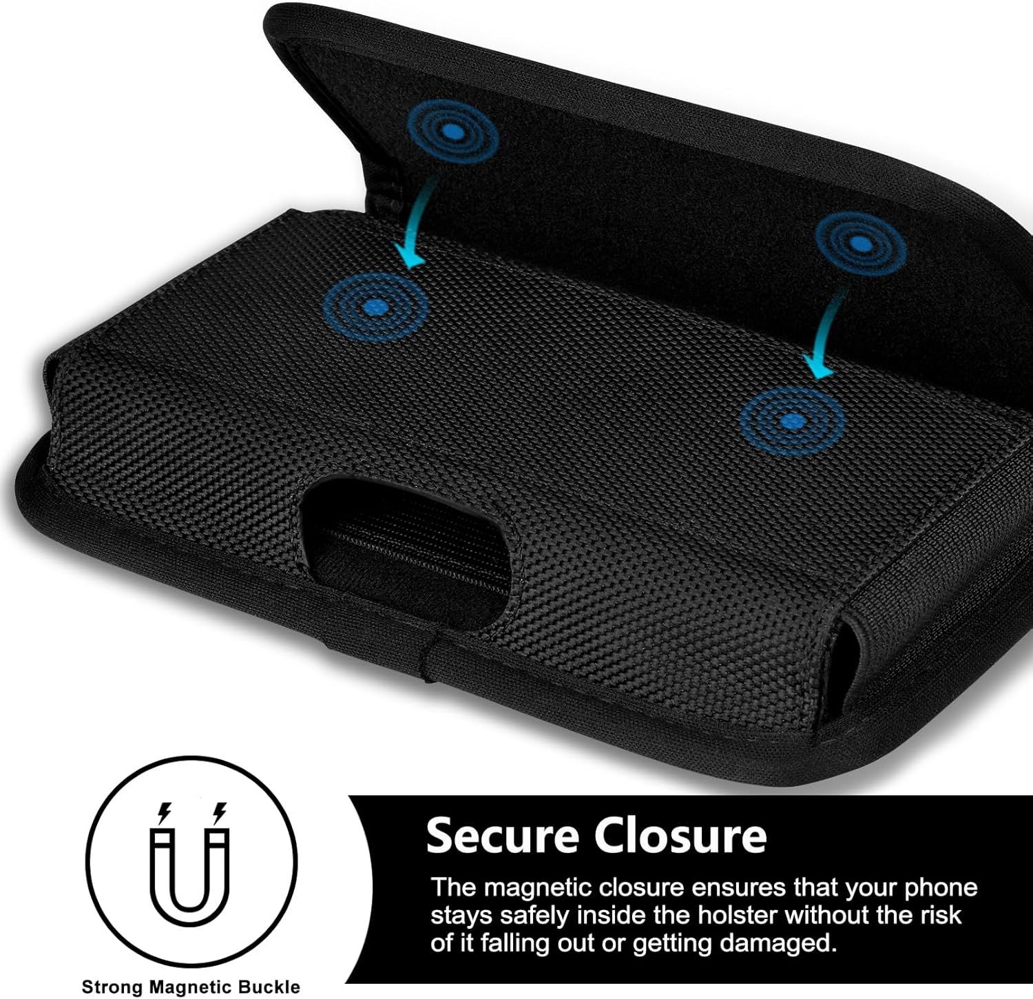 Highlights the magnetic closure feature that keeps the phone safely secured inside the holster, preventing it from falling out or getting damaged.