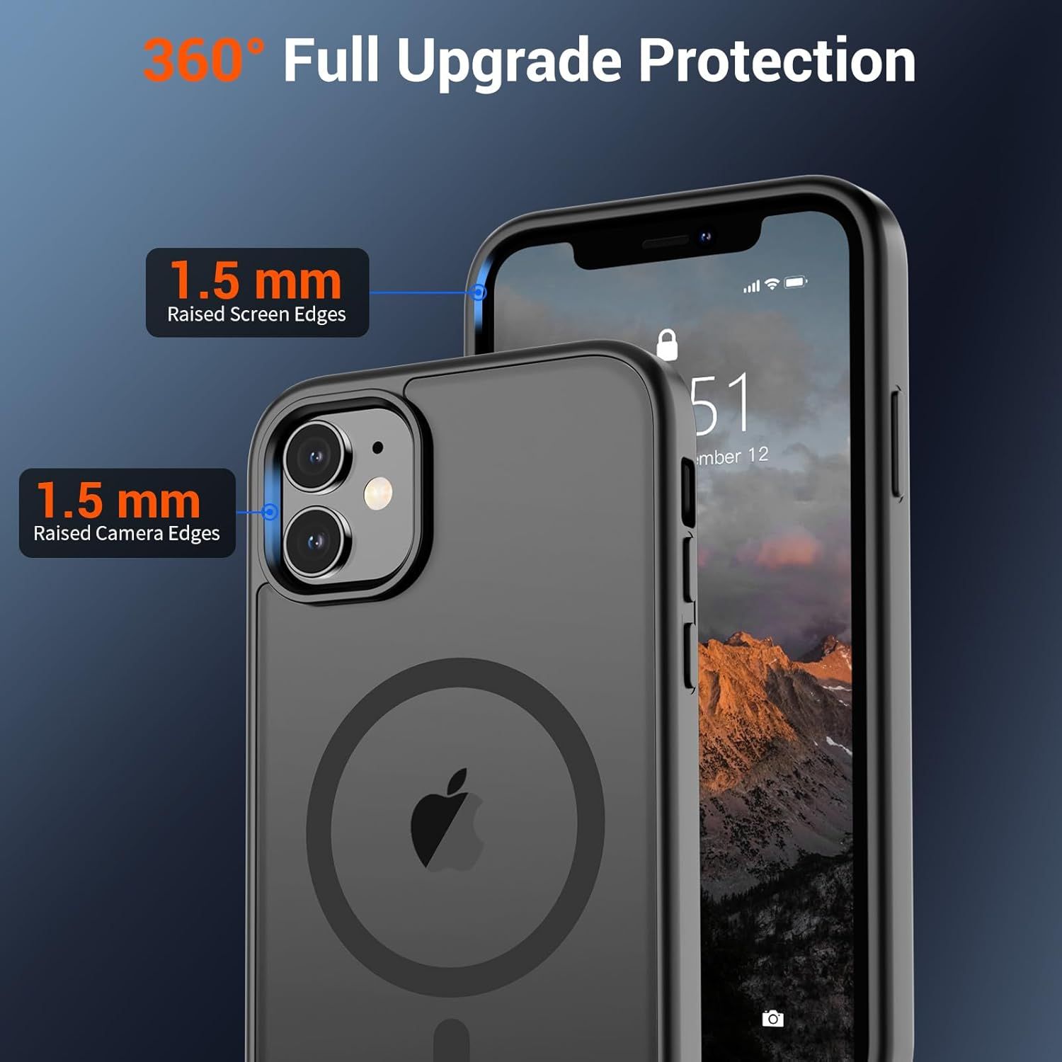 Highlights the protective design features of the phone case, specifically the 1.5mm raised edges for screen and camera protection to reassure shoppers of comprehensive device safety. Communicates…