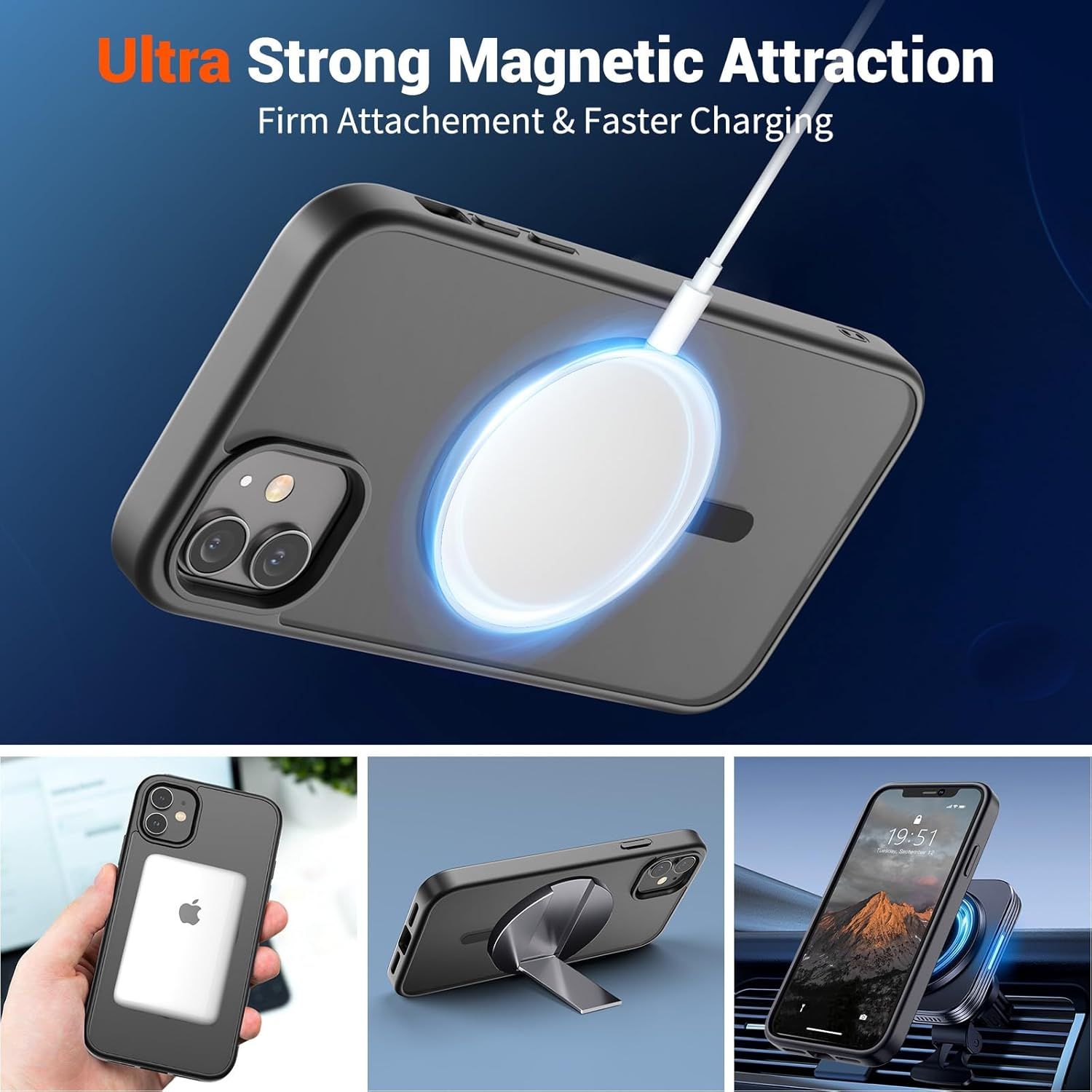 Communicates multiple key benefits of the magnetic phone case including ultra-strong magnetic attachment for secure charging, faster charging capability, kickstand functionality, and car mount…