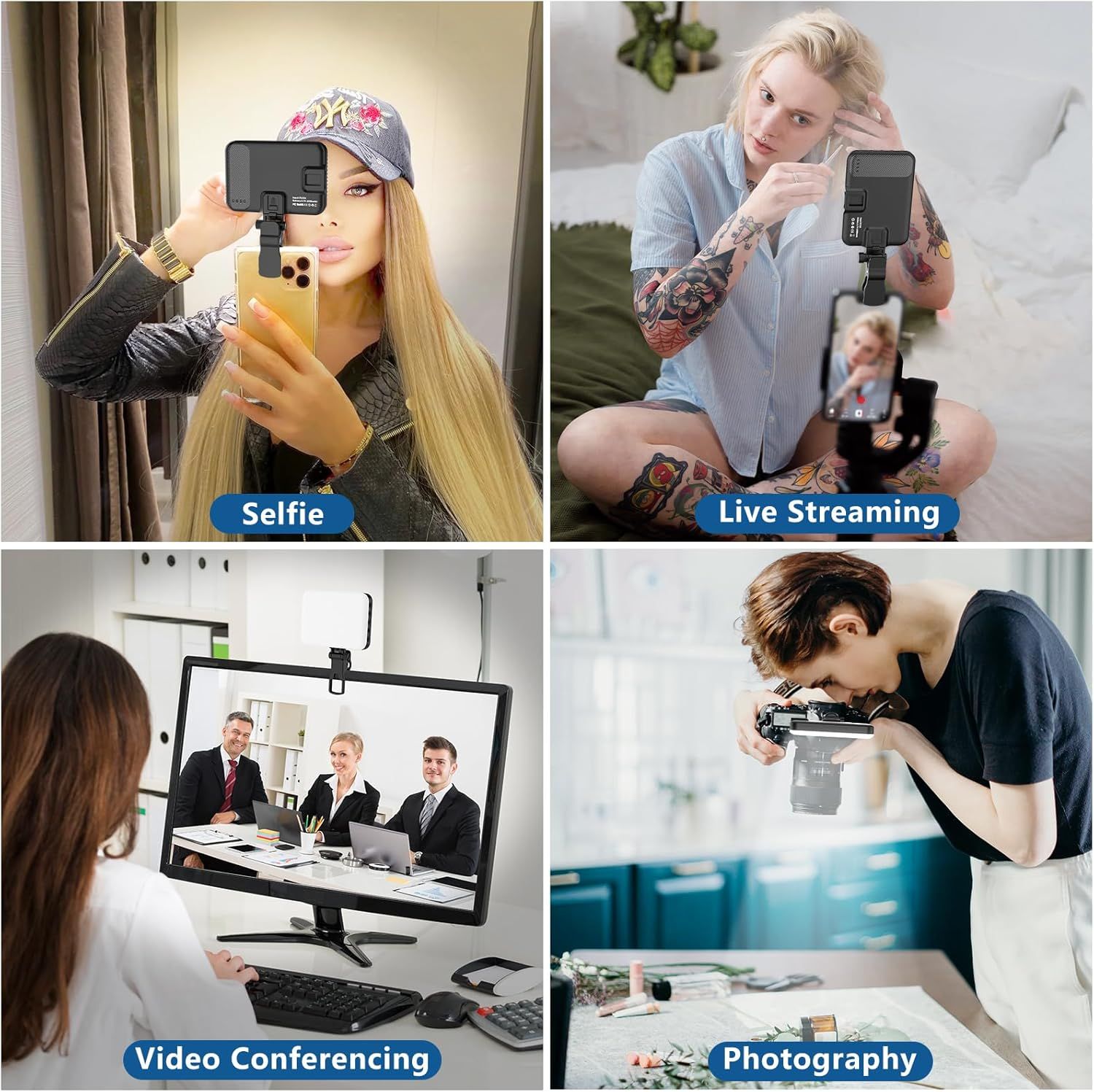 Demonstrates the product's versatility by showing four distinct use cases: taking selfies, live streaming, video conferencing, and photography, reassuring shoppers that this device works across…