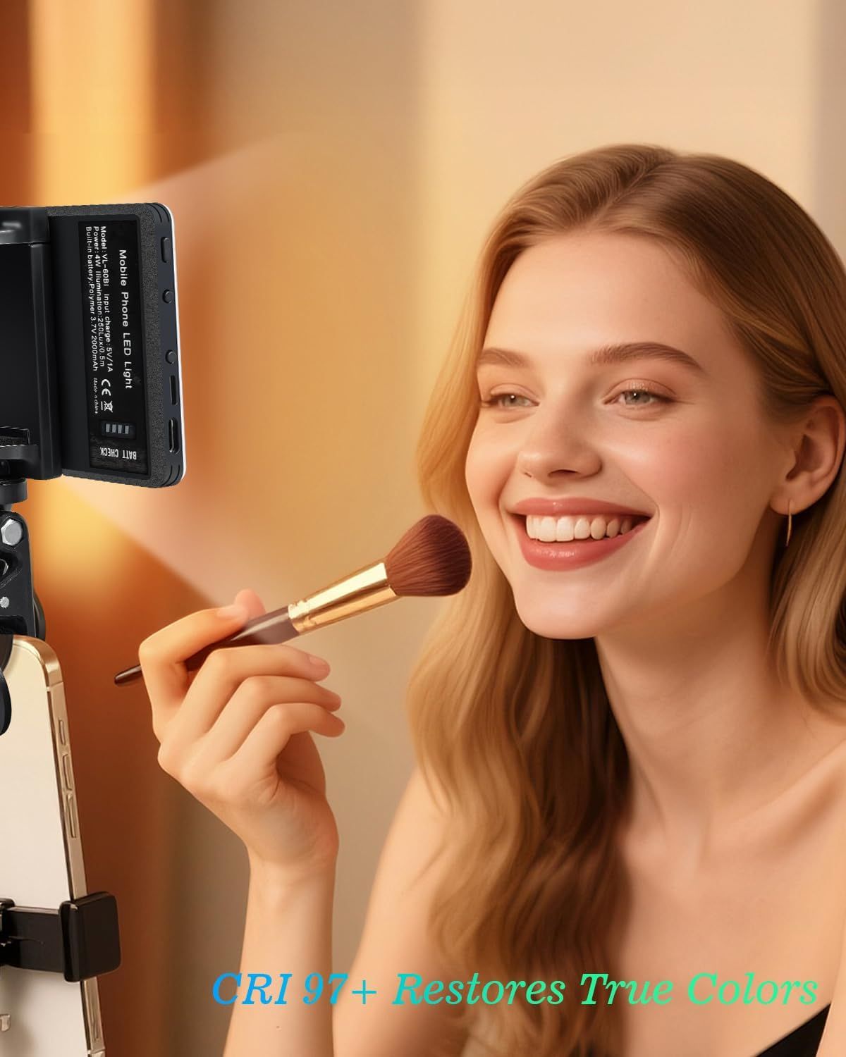 Communicates that the LED light provides professional-grade color rendering (CRI 97+) to ensure accurate, true-to-life colors for makeup application and content creation.