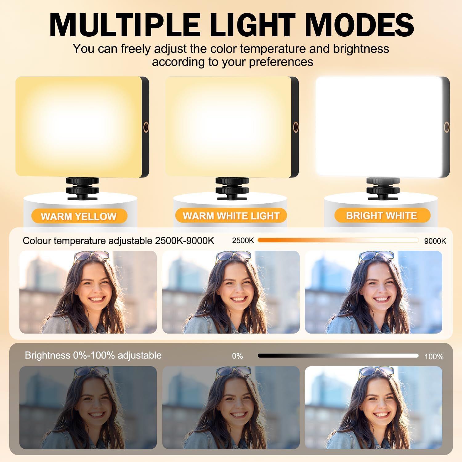 Demonstrates the product's versatility by showing multiple adjustable light modes (color temperature from 2500K-9000K and brightness from 0-100%) with visual examples of how each setting affects…