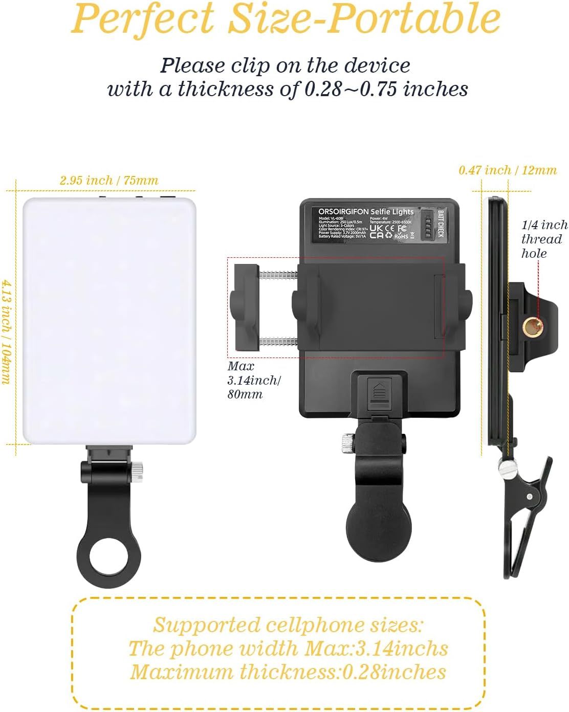 Communicates the exact physical dimensions of the selfie light product and specifies the device thickness and width compatibility to help shoppers determine if it will fit their phone or tablet.