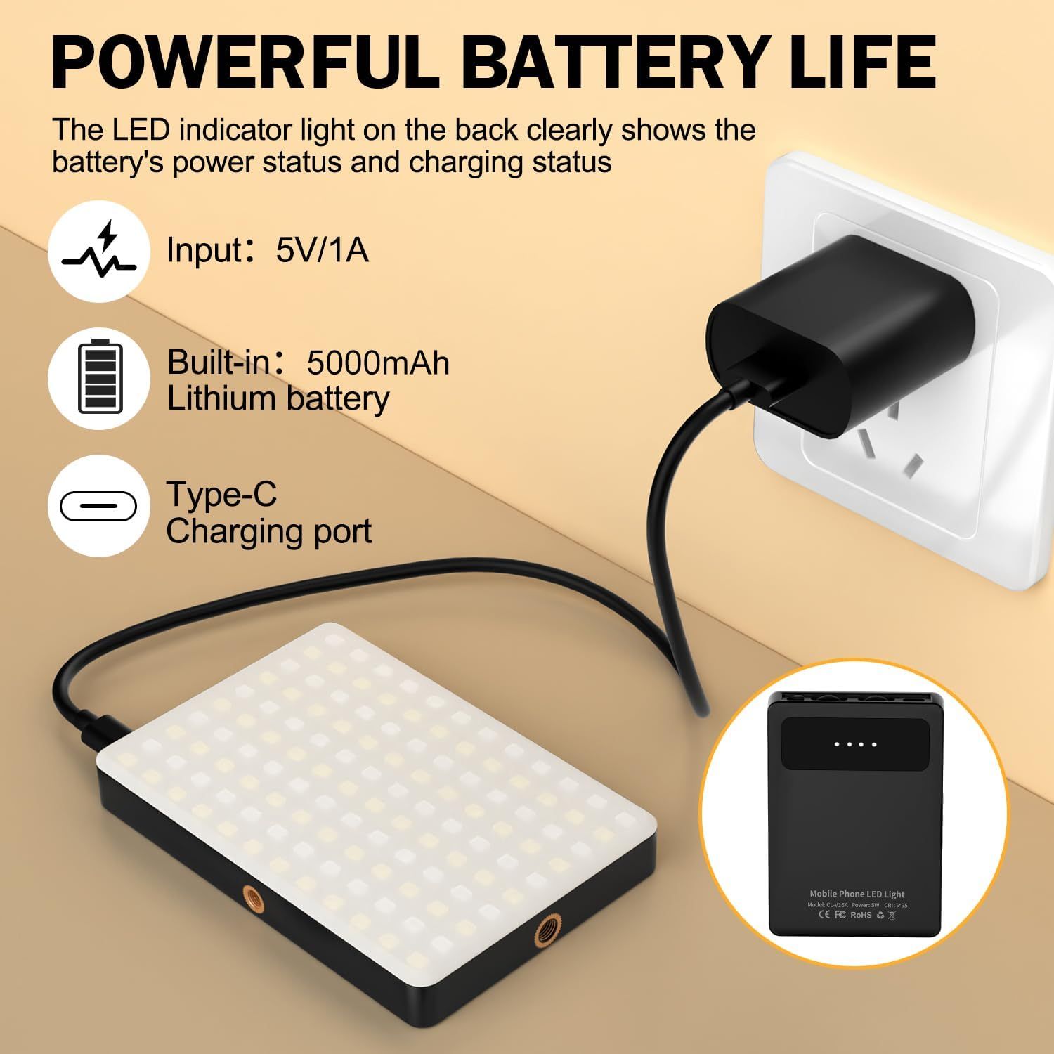 Breaks down the key technical components and features of the LED light's battery system, helping shoppers understand the charging capabilities, battery capacity, and port type.