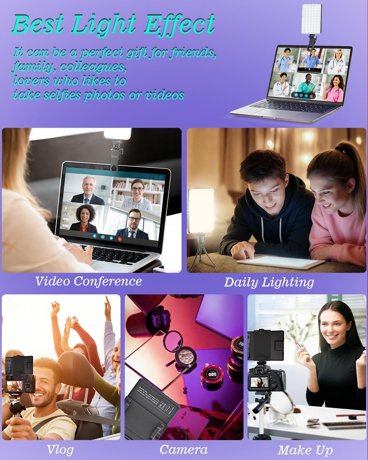 Demonstrates multiple use cases for the lighting product, showing it can be used for video conferencing, daily lighting, vlogging, photography, and makeup application to communicate versatility.