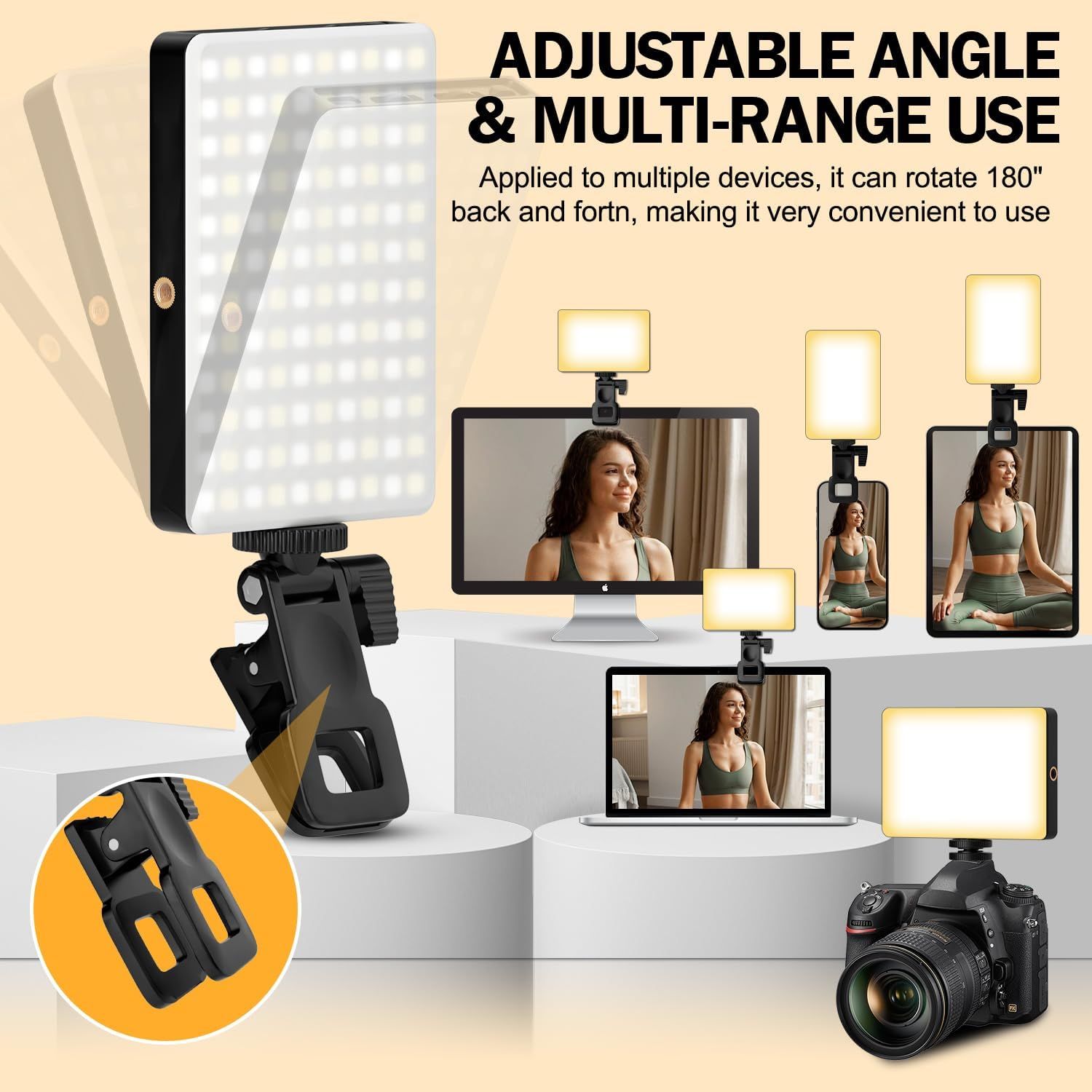 Demonstrates the LED light's versatility by showing it can be used with multiple devices (desktop monitor, smartphones, laptop, camera) in various configurations, reassuring shoppers of its…