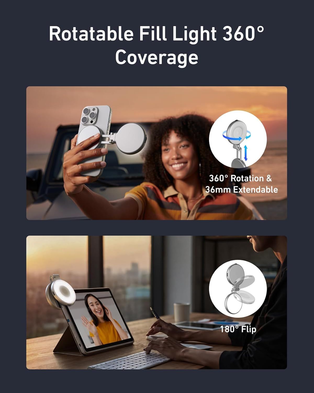 Demonstrates the product's flexible positioning capabilities with 360-degree rotation and 180-degree flip functionality, reassuring shoppers they can adjust the fill light to any angle for optimal…