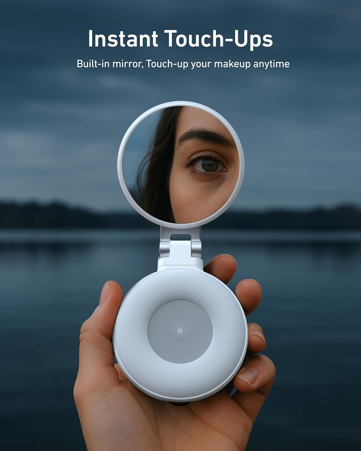 Highlights the convenience of the built-in mirror feature, allowing users to touch up makeup anytime, anywhere, emphasizing portability and on-the-go functionality.