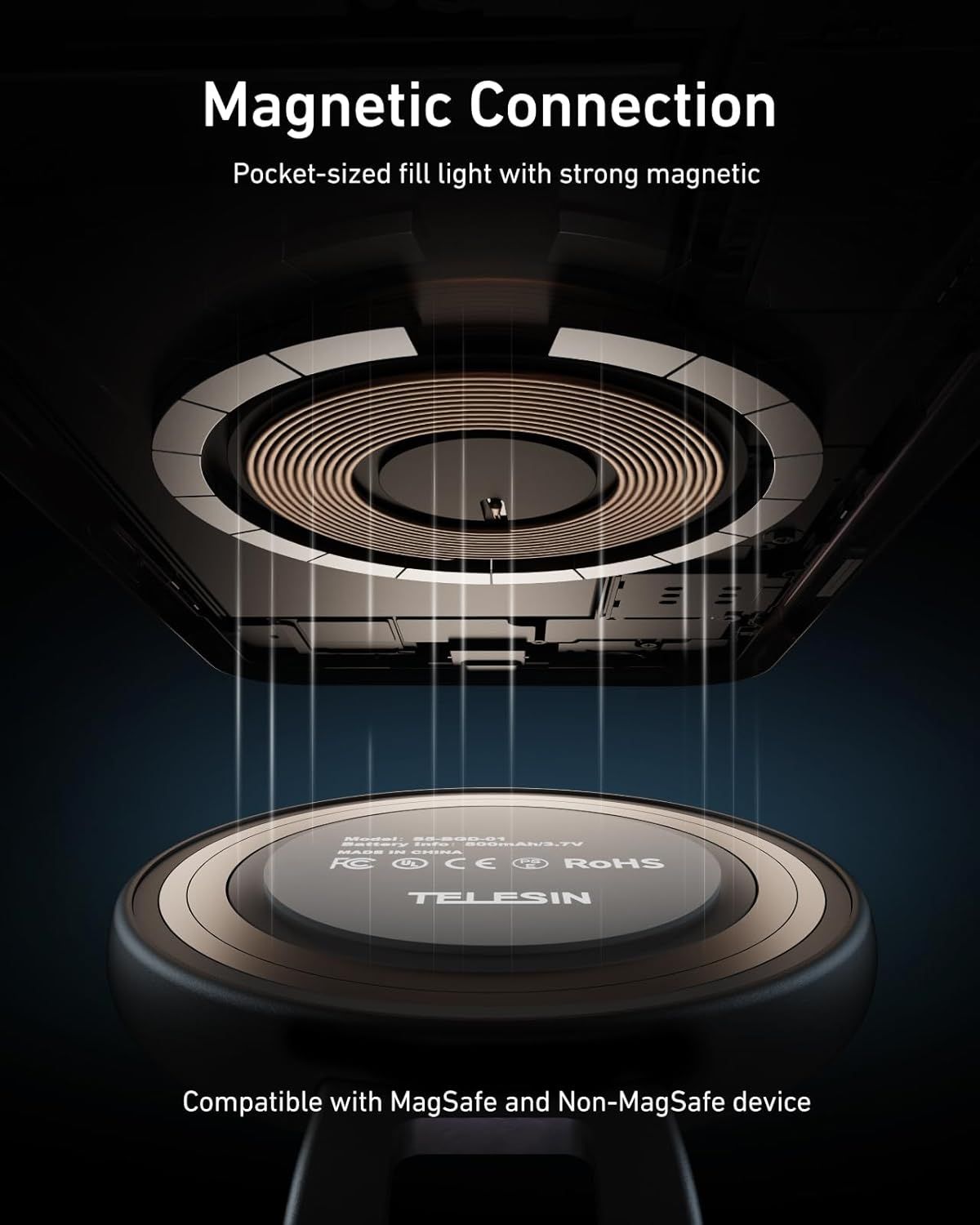Demonstrates the internal magnetic connection mechanism and coil structure of the wireless charger to help shoppers understand how the magnetic attachment works. Displays safety certifications…
