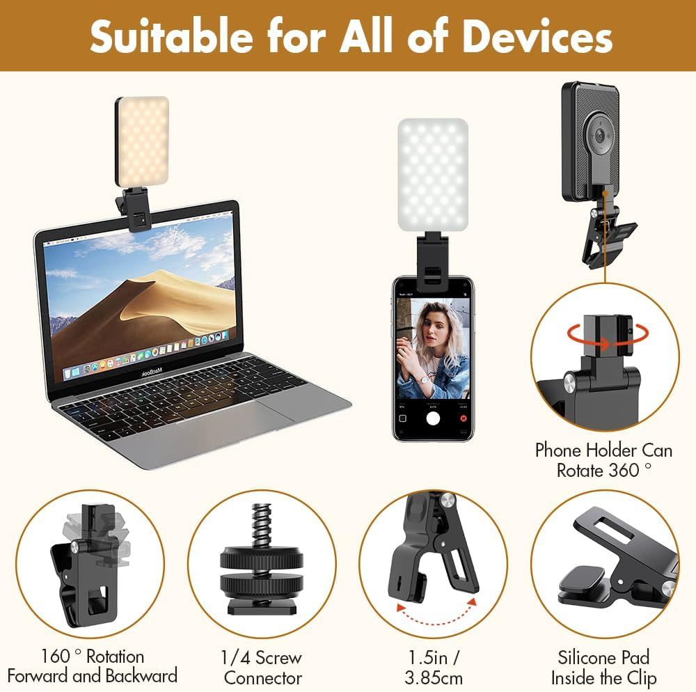 Demonstrates the product's versatility by showing it can be used with multiple devices (laptop, smartphone, speaker) and highlights key features like 360° rotation, adjustable clips, and mounting…
