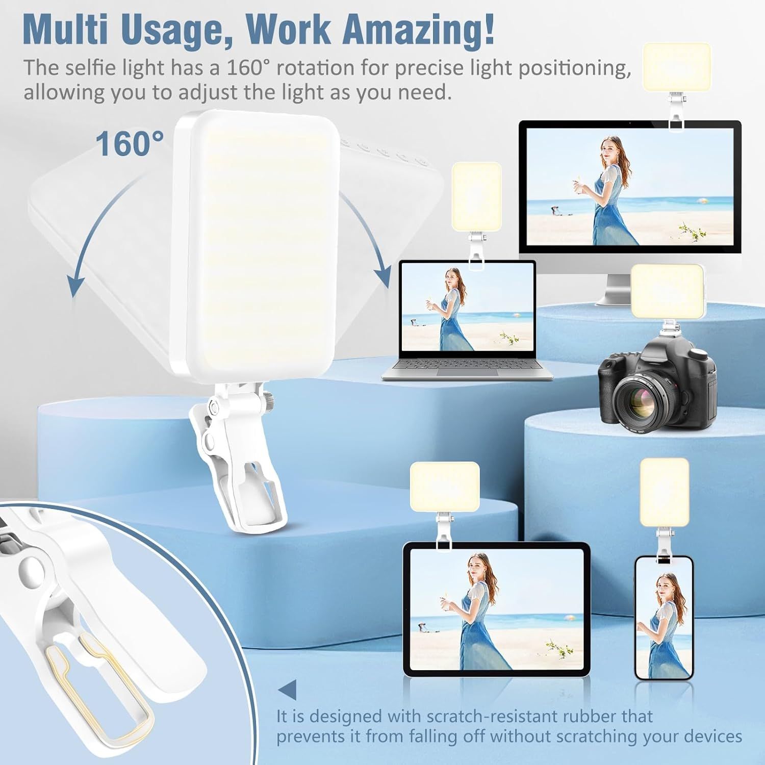 Communicates multiple distinct benefits of the selfie light: adjustable 160° rotation for precise positioning, protective rubber design to prevent device scratching, and versatility across multiple…