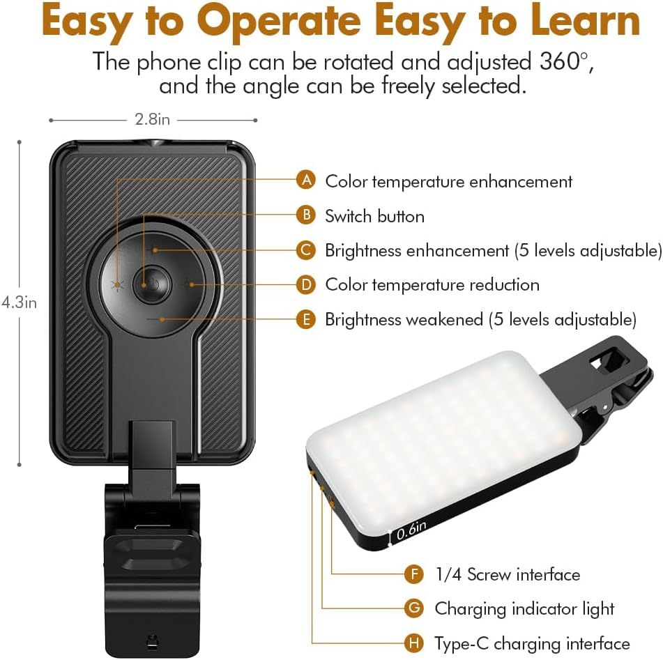 This image breaks down the physical components and controls of the phone light, showing shoppers exactly what each part does and how to operate the device. Demonstrates how easy the product is to…