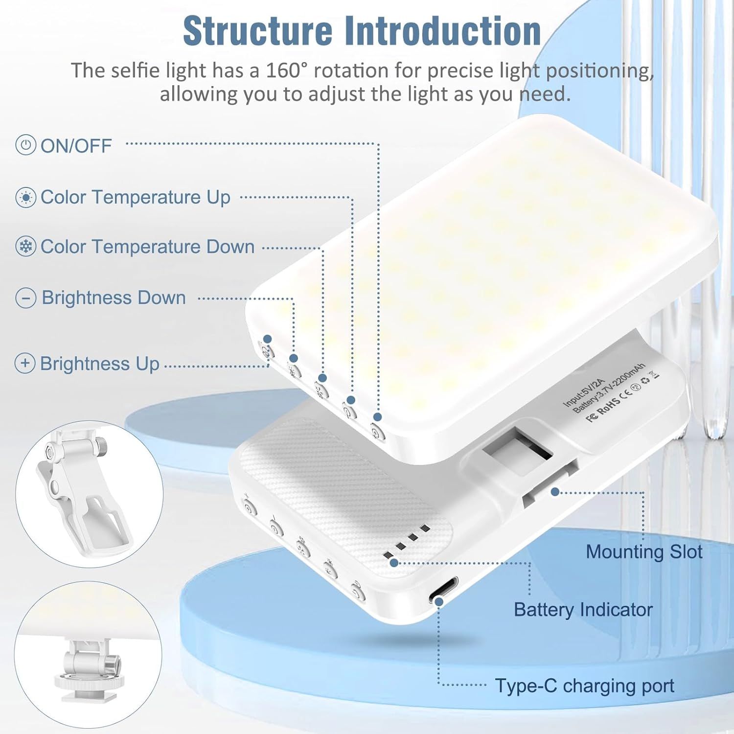 This image breaks down the physical components and controls of the selfie light, showing shoppers exactly what each part does and how to operate the device.