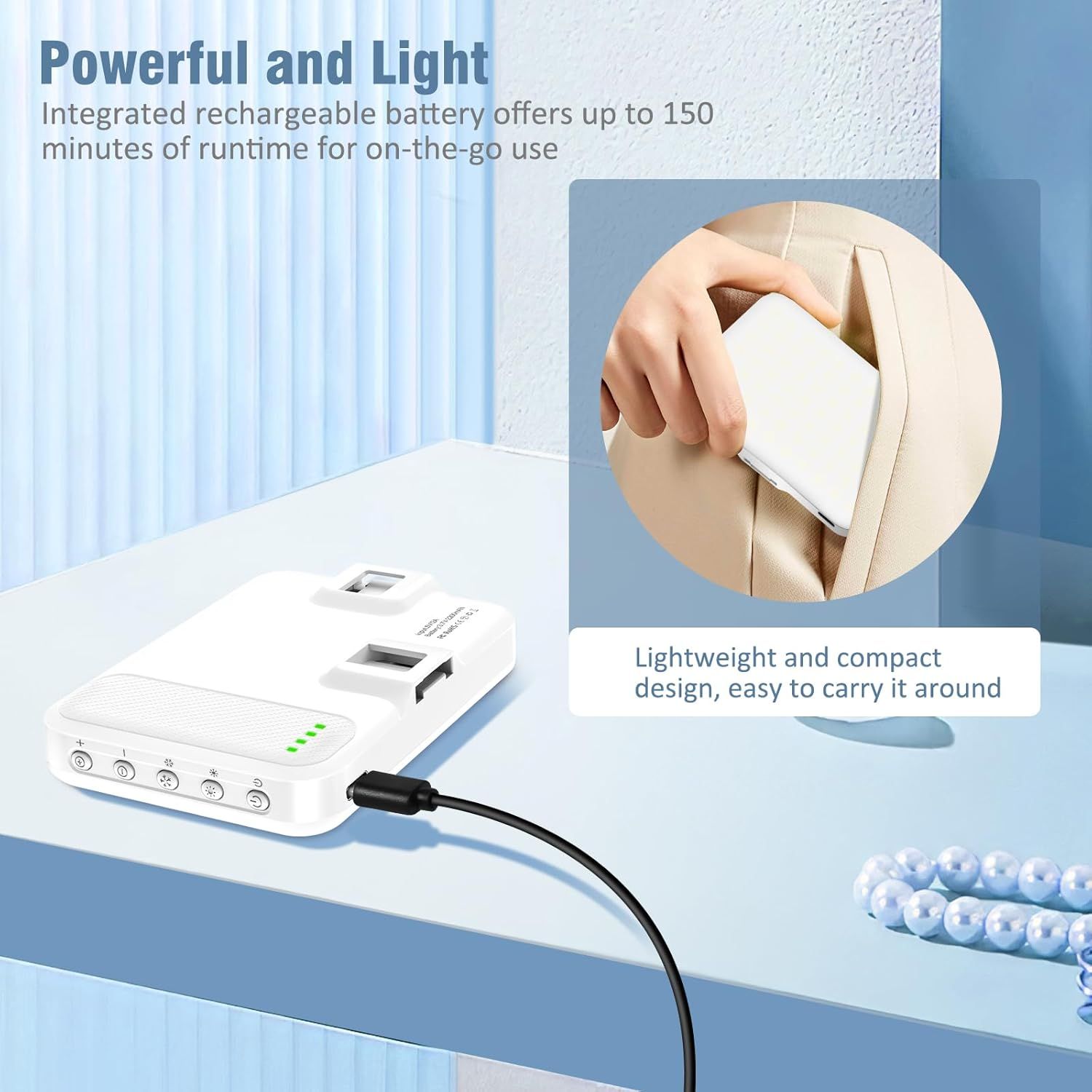 Communicates two distinct product benefits: the powerful rechargeable battery with 150 minutes of runtime for portability, and the lightweight, compact design for easy carrying.
