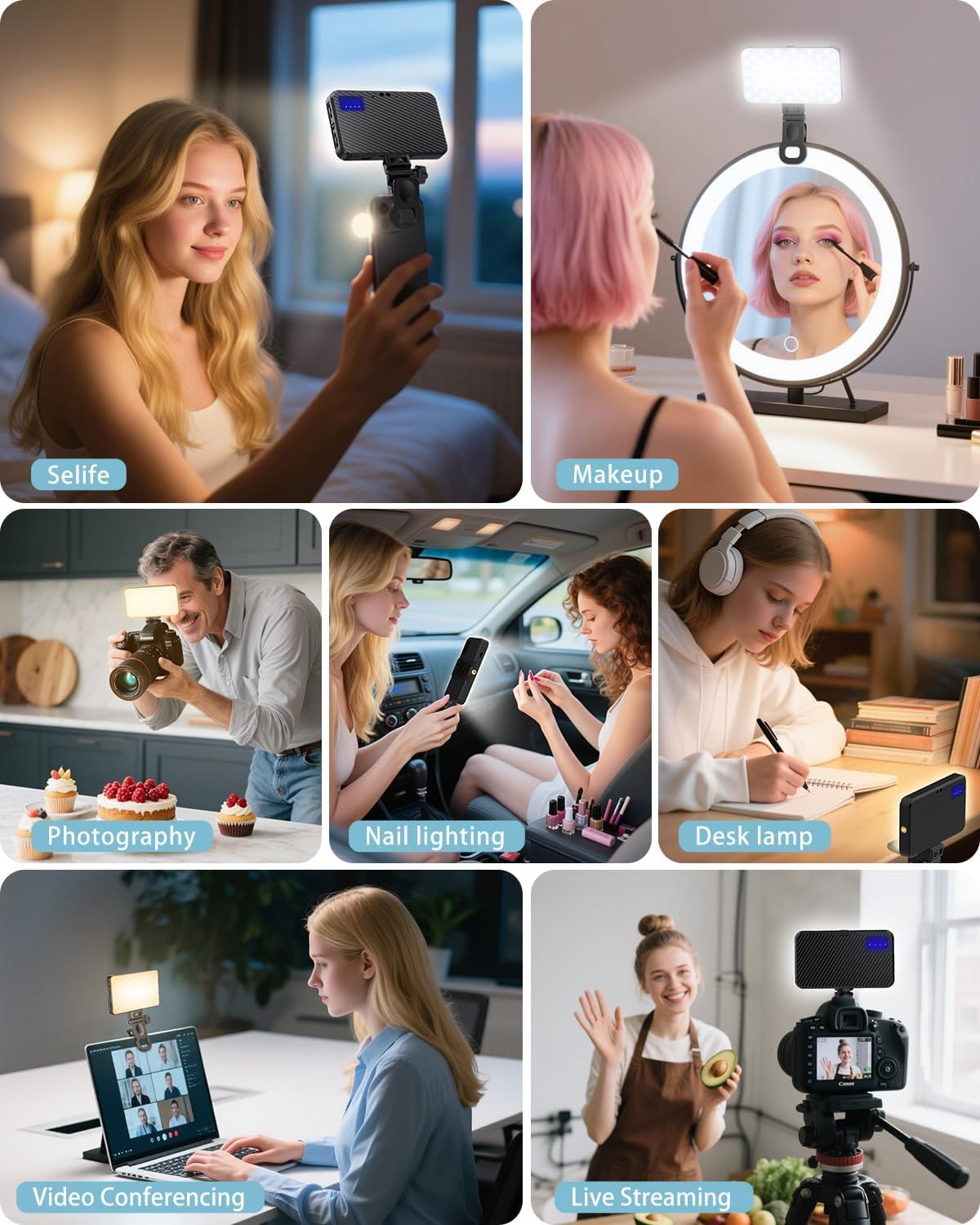 Demonstrates the versatility of the lighting product by showing seven different real-world applications and scenarios where it can be used effectively.