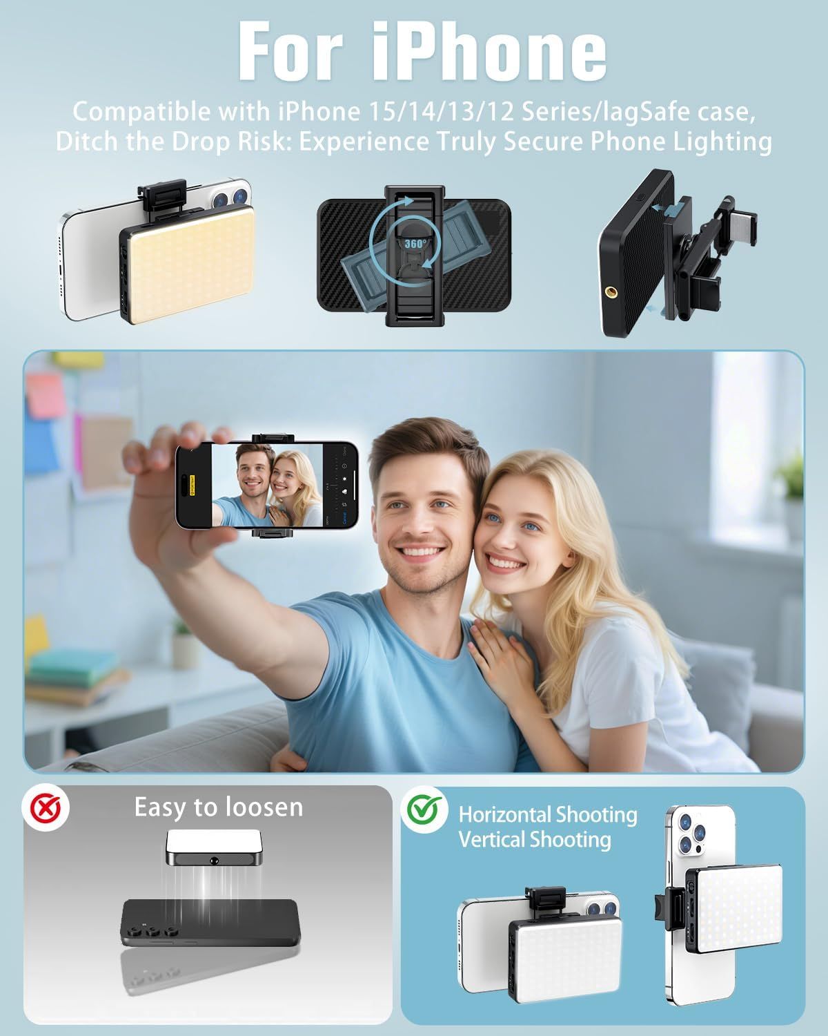 Demonstrates the phone lighting accessory's compatibility with multiple iPhone models and MagSafe cases, while showcasing various mounting orientations and use cases including selfie photography and…