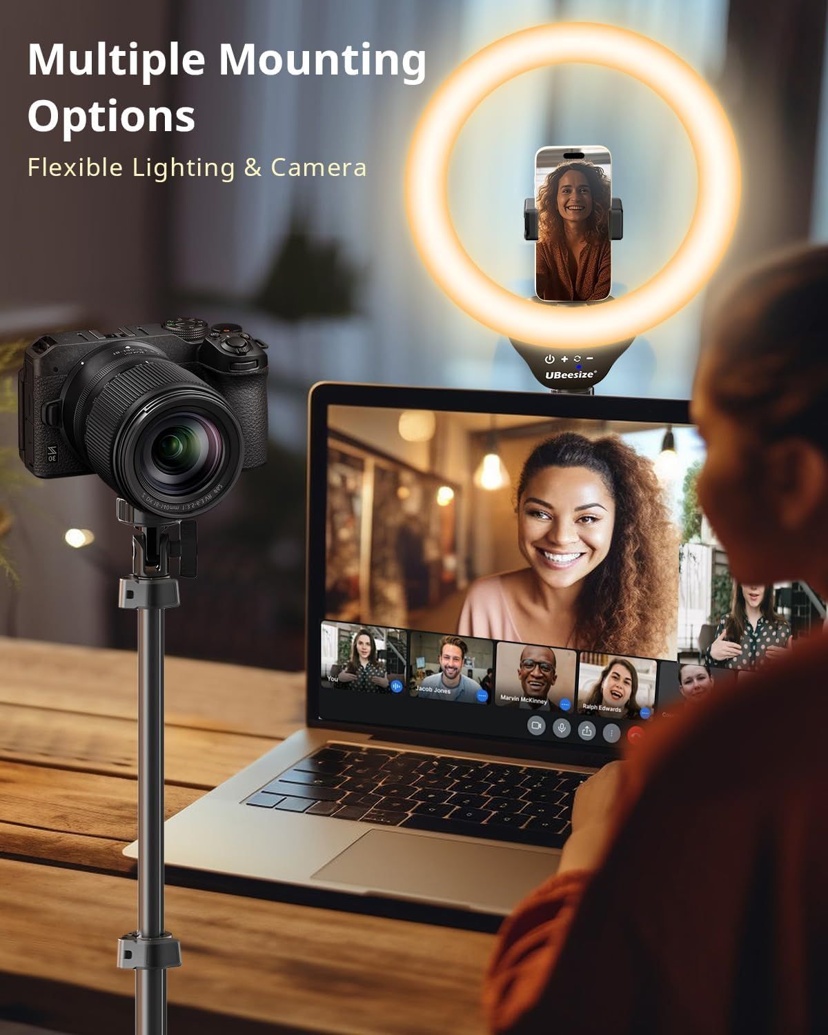 Demonstrates the product's versatility by showing multiple use cases—mounting a camera on a tripod and using a ring light with a phone for video calls—to communicate that the product is flexible and…
