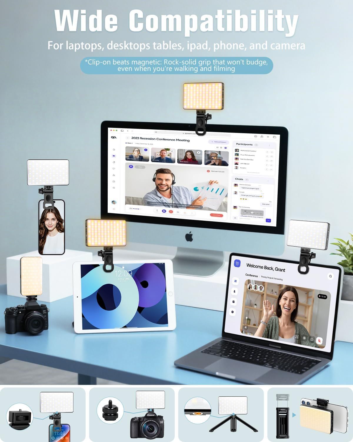 Demonstrates the product's versatility by showing it works with multiple devices (laptops, desktops, tablets, iPads, phones, and cameras), reassuring shoppers that it will fit their specific use case.