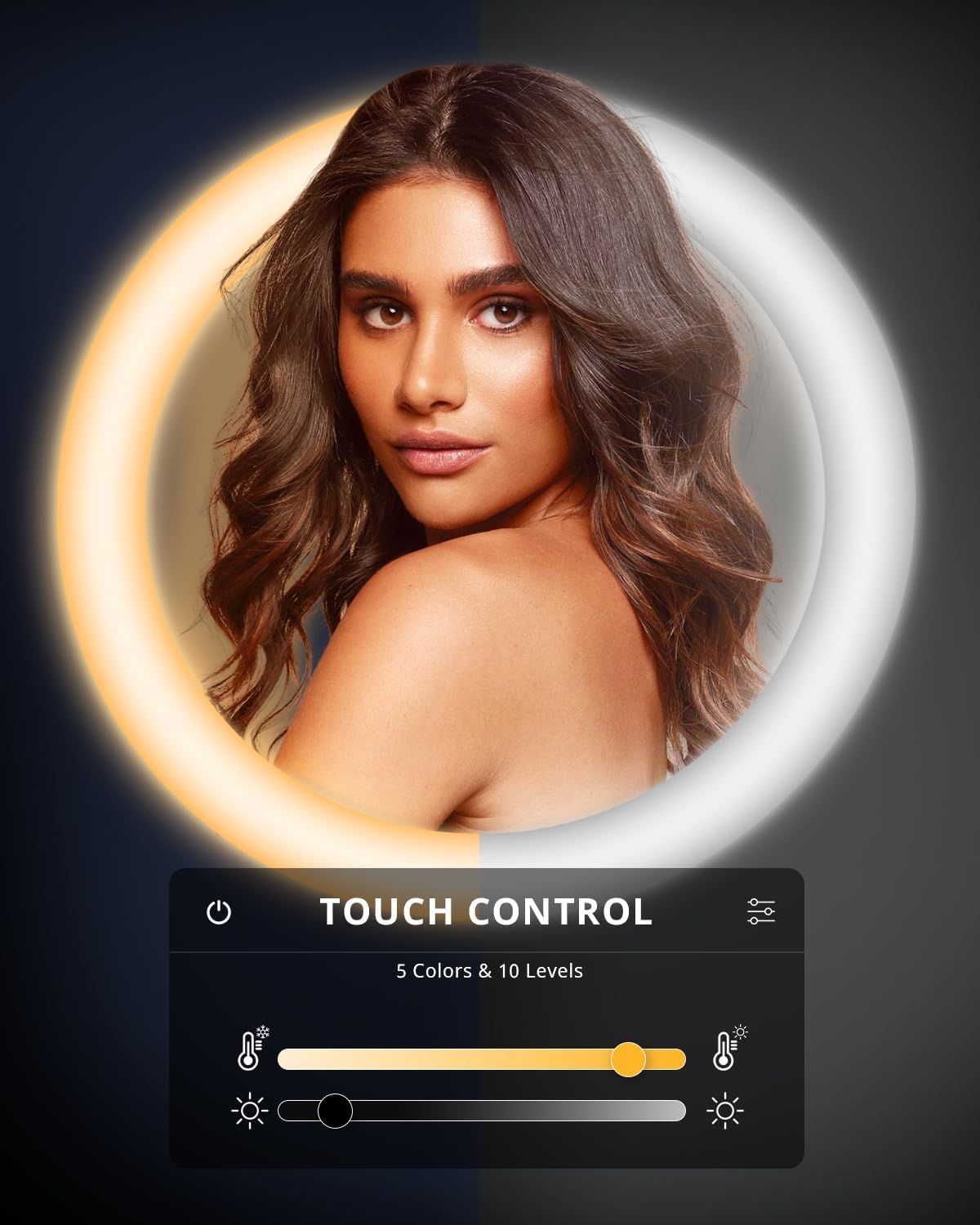 Demonstrates the ring light's touch control interface with adjustable color temperature and brightness settings, reassuring shoppers of easy customization for perfect lighting.