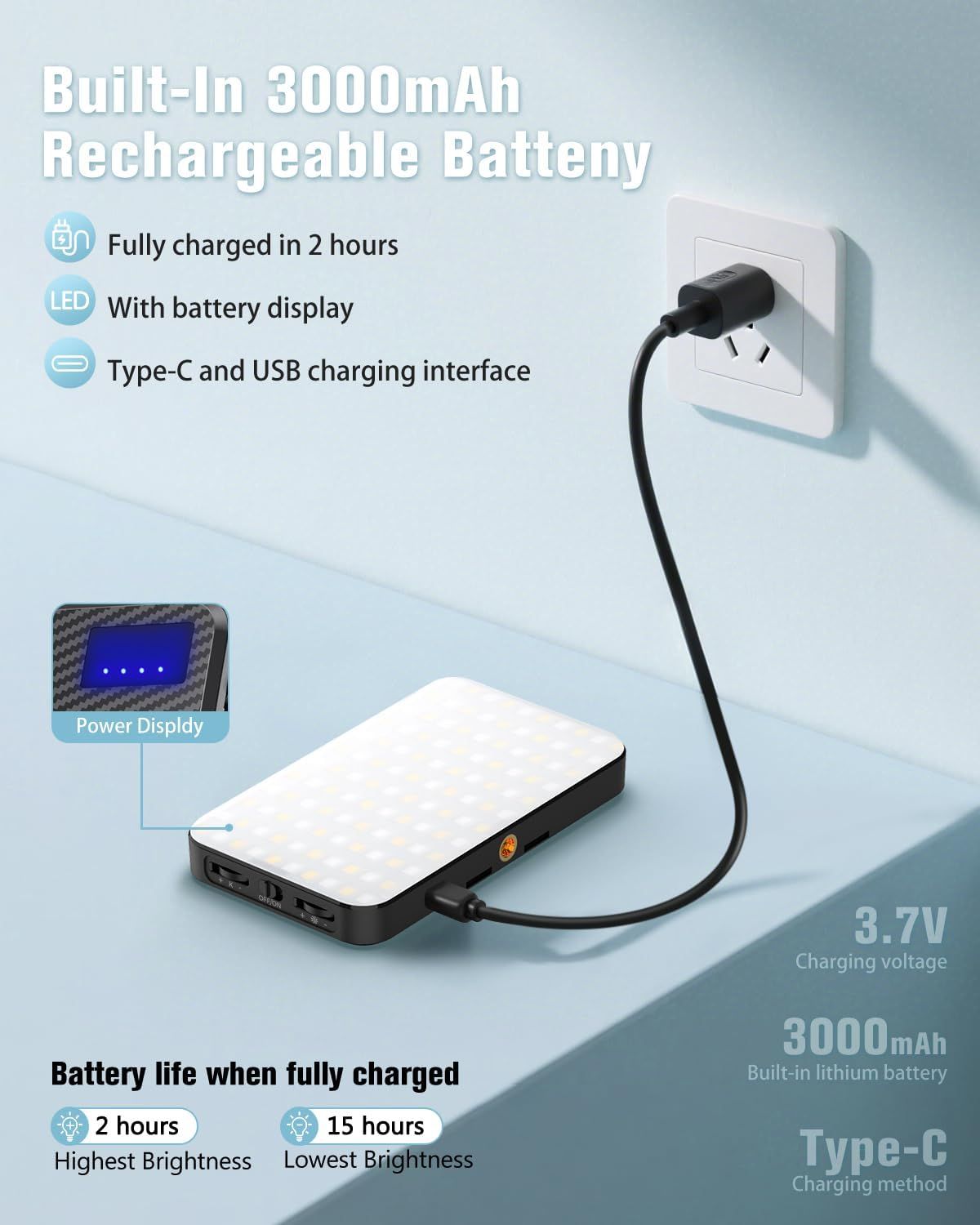 Communicates multiple key benefits of the rechargeable battery including capacity, charging speed, display feature, charging interface options, and runtime at different brightness levels to help…
