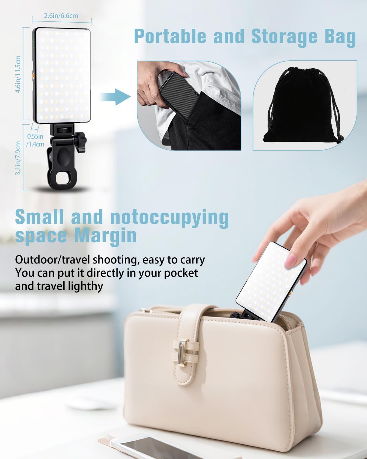 Communicates the product's small physical dimensions with exact measurements and demonstrates its portability by showing it fits easily in a pocket or purse, reassuring shoppers it's…