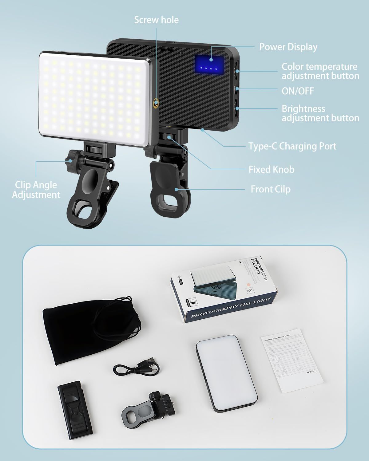 This image breaks down the physical components and controls of the photography fill light, helping shoppers understand the product's structure and how to operate its various features. Shows…
