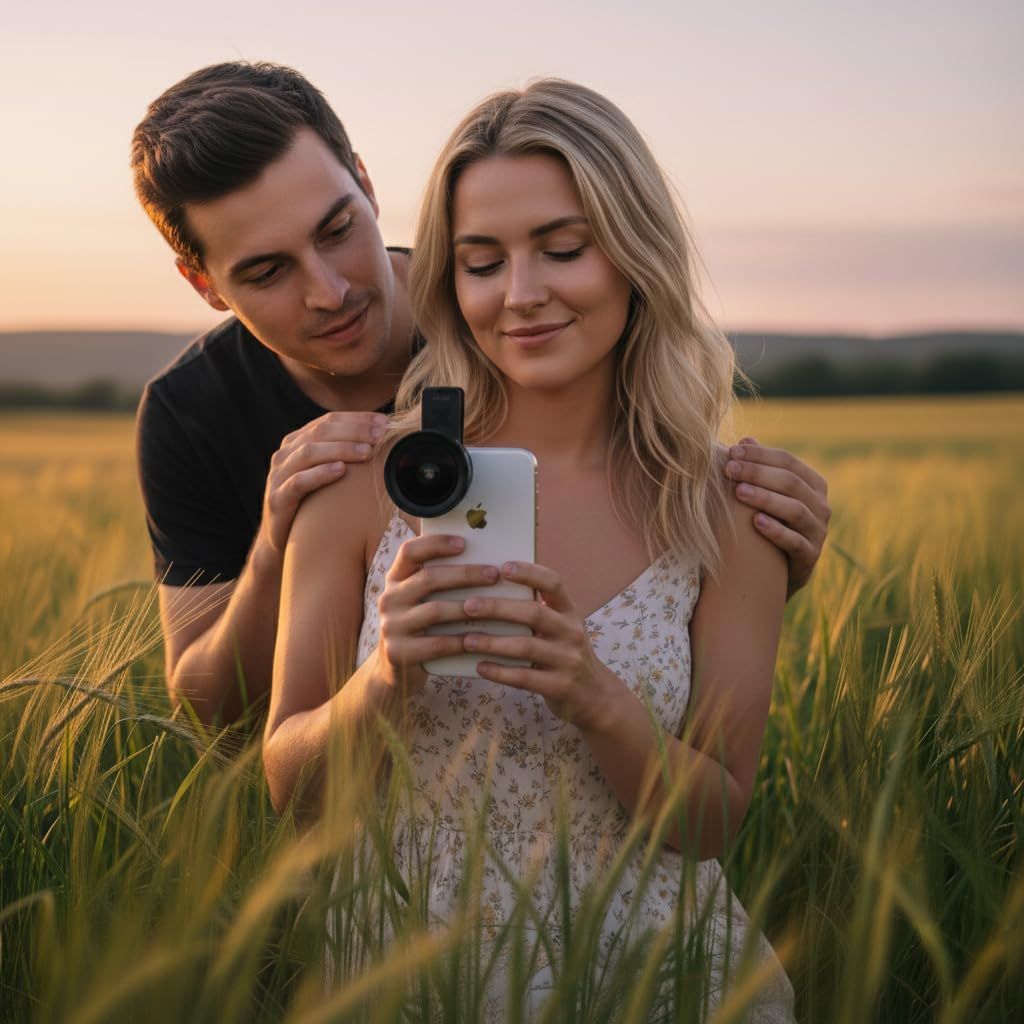 Demonstrates the product (phone lens attachment) being used in a natural, real-world setting to create an emotional connection and show the product in context.