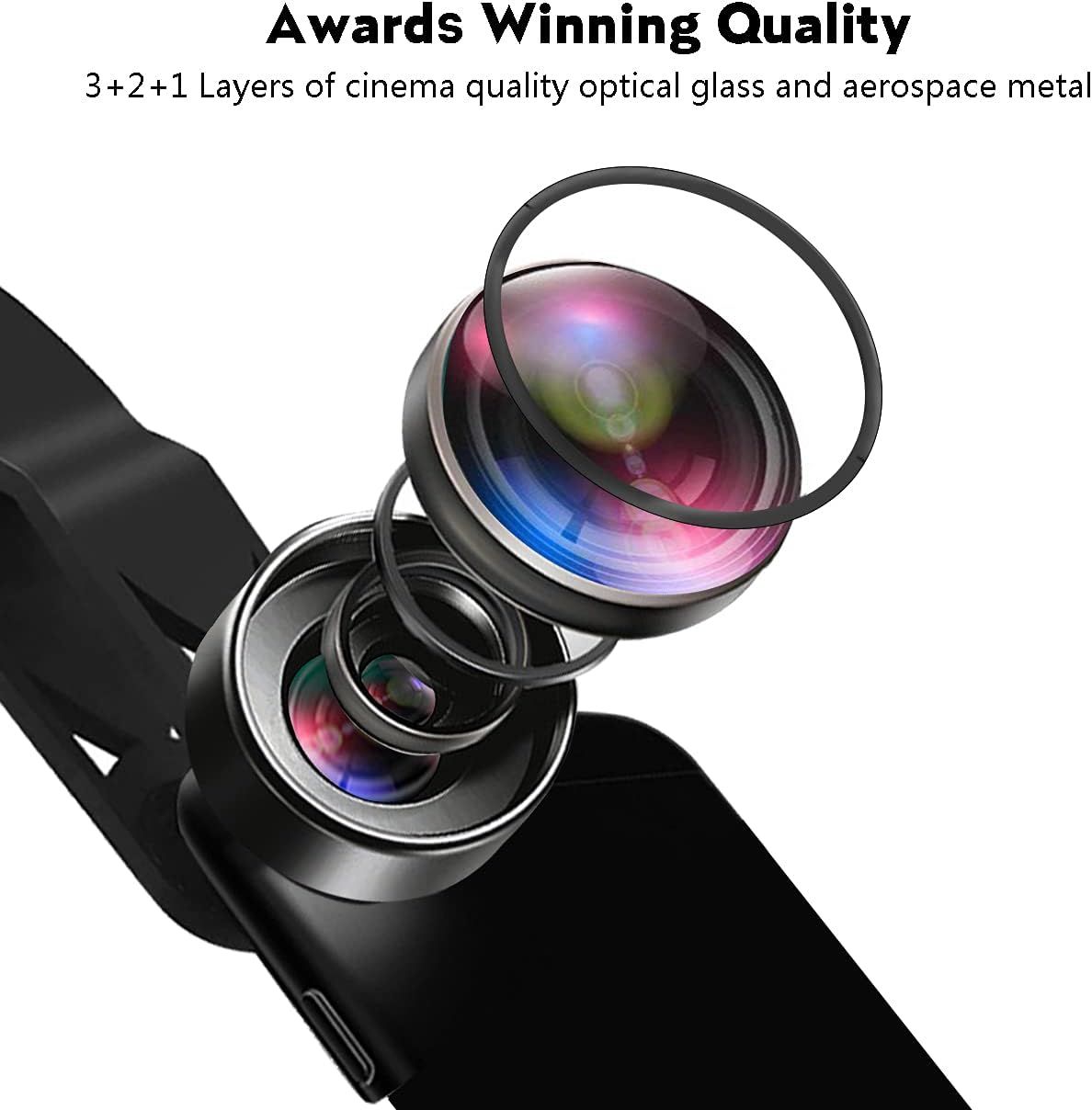 Demonstrates the sophisticated internal construction of the camera lens by showing the exploded view of multiple glass layers and metal components, emphasizing the premium quality and engineering…
