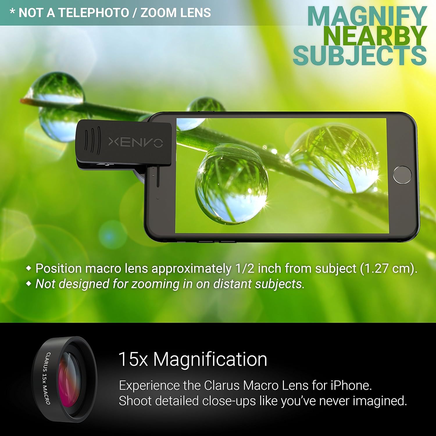 Demonstrates the macro lens's ability to magnify nearby subjects with clear visual segmentation showing usage instructions and magnification power to convince shoppers of its close-up photography…