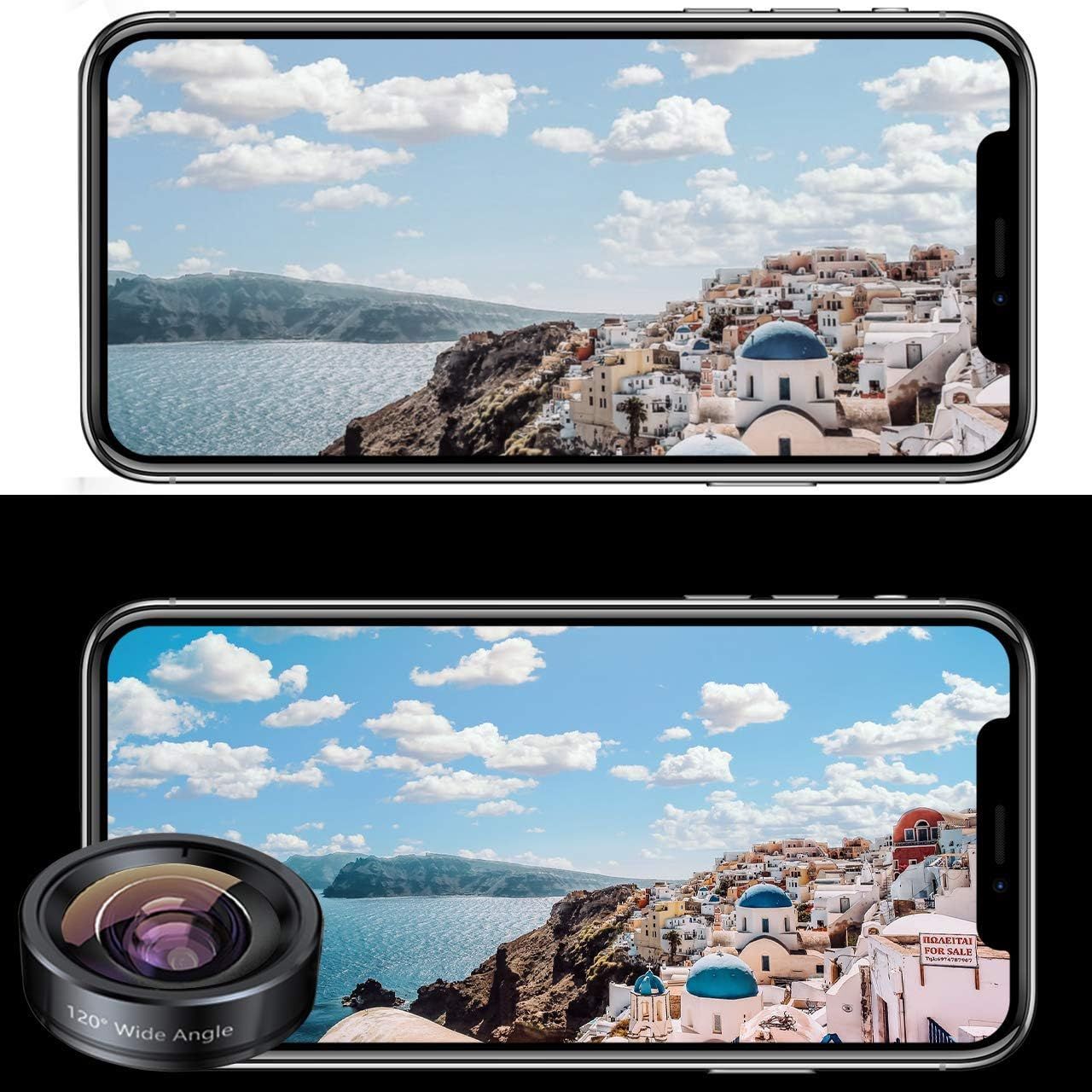 Demonstrates the superior wide-angle photography capability of the product by showing a before-and-after comparison of the same scene, proving the lens attachment captures significantly more of the…