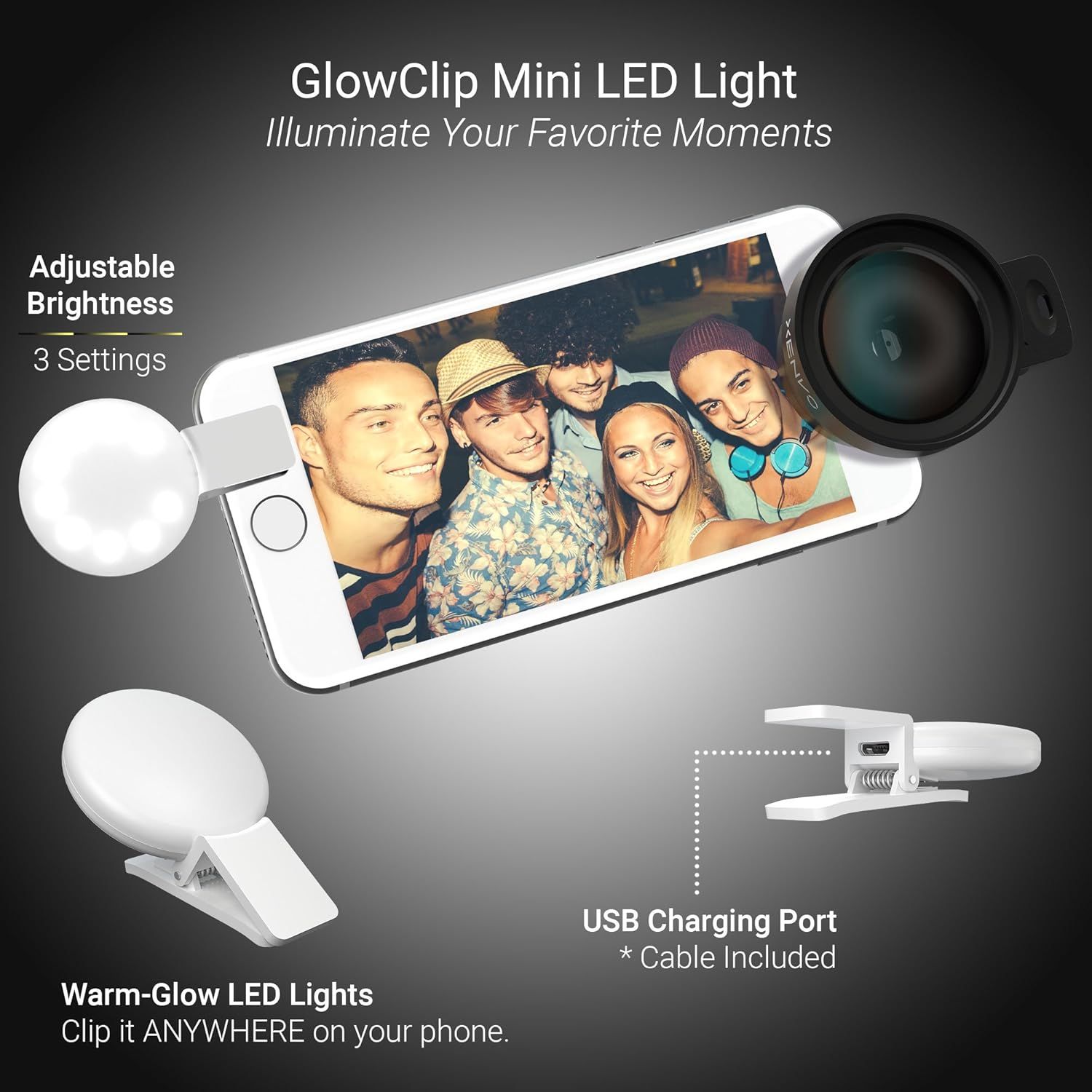Showcases multiple distinct benefits of the GlowClip Mini LED Light in a segmented layout, highlighting adjustable brightness settings, USB charging capability, warm LED lighting, and versatile…