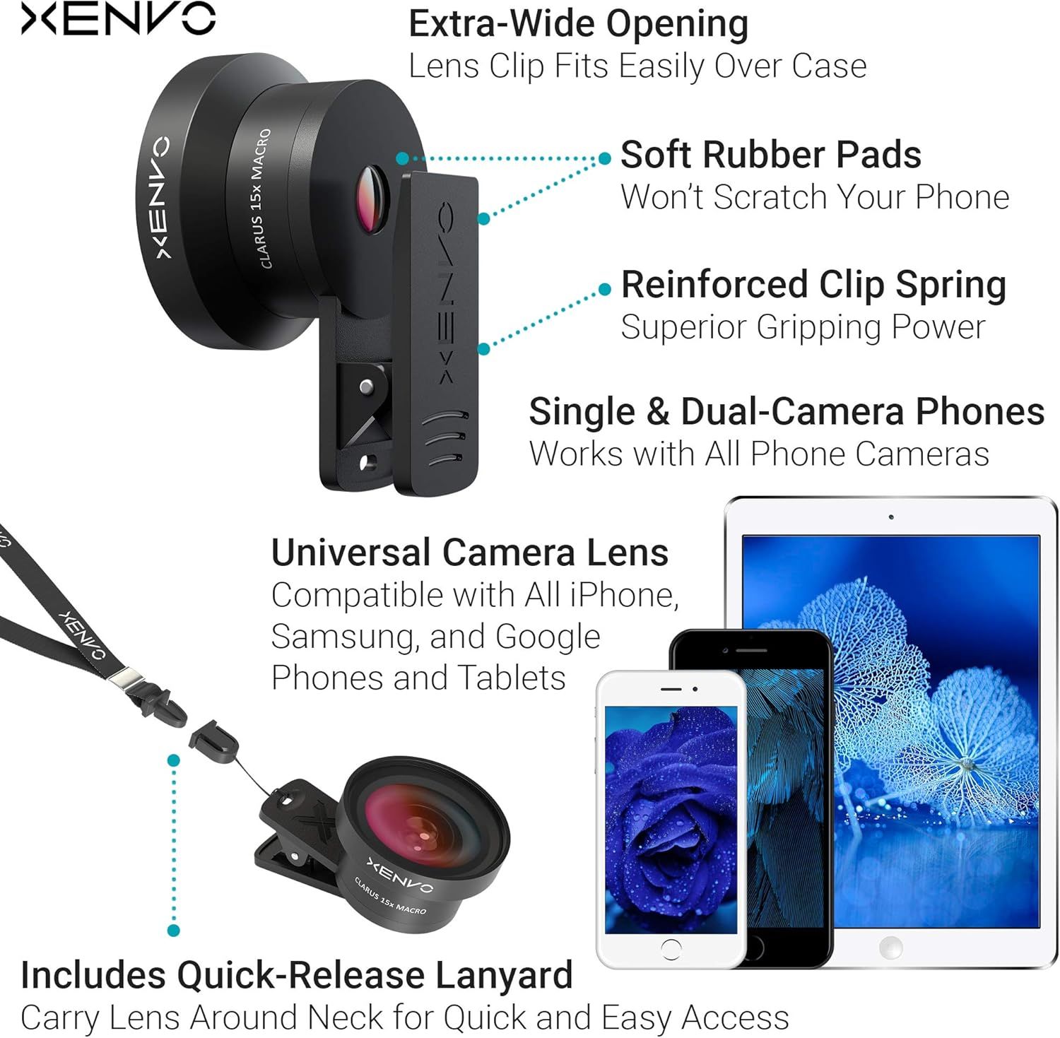 This image breaks down the physical components and design features of the camera lens clip, showing shoppers exactly what parts make it functional, protective, and compatible with their devices.…