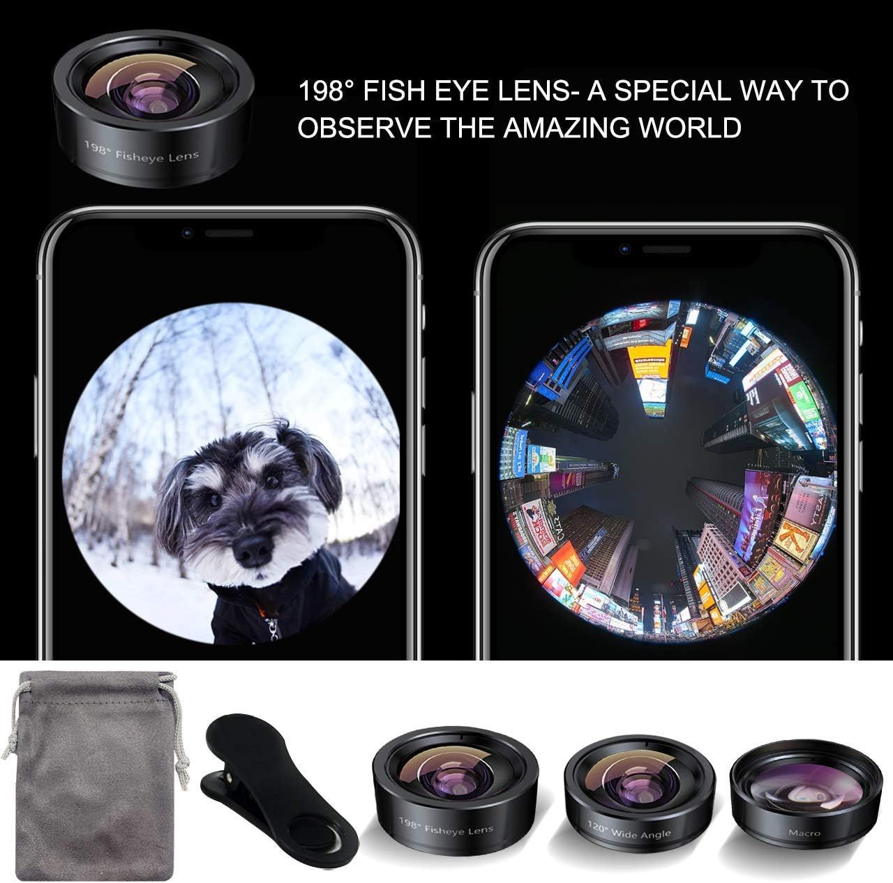 Demonstrates the dramatic wide-angle capability of the 198° fish eye lens by showing example photos taken with the product, emphasizing its ability to capture unique, immersive perspectives. Shows…