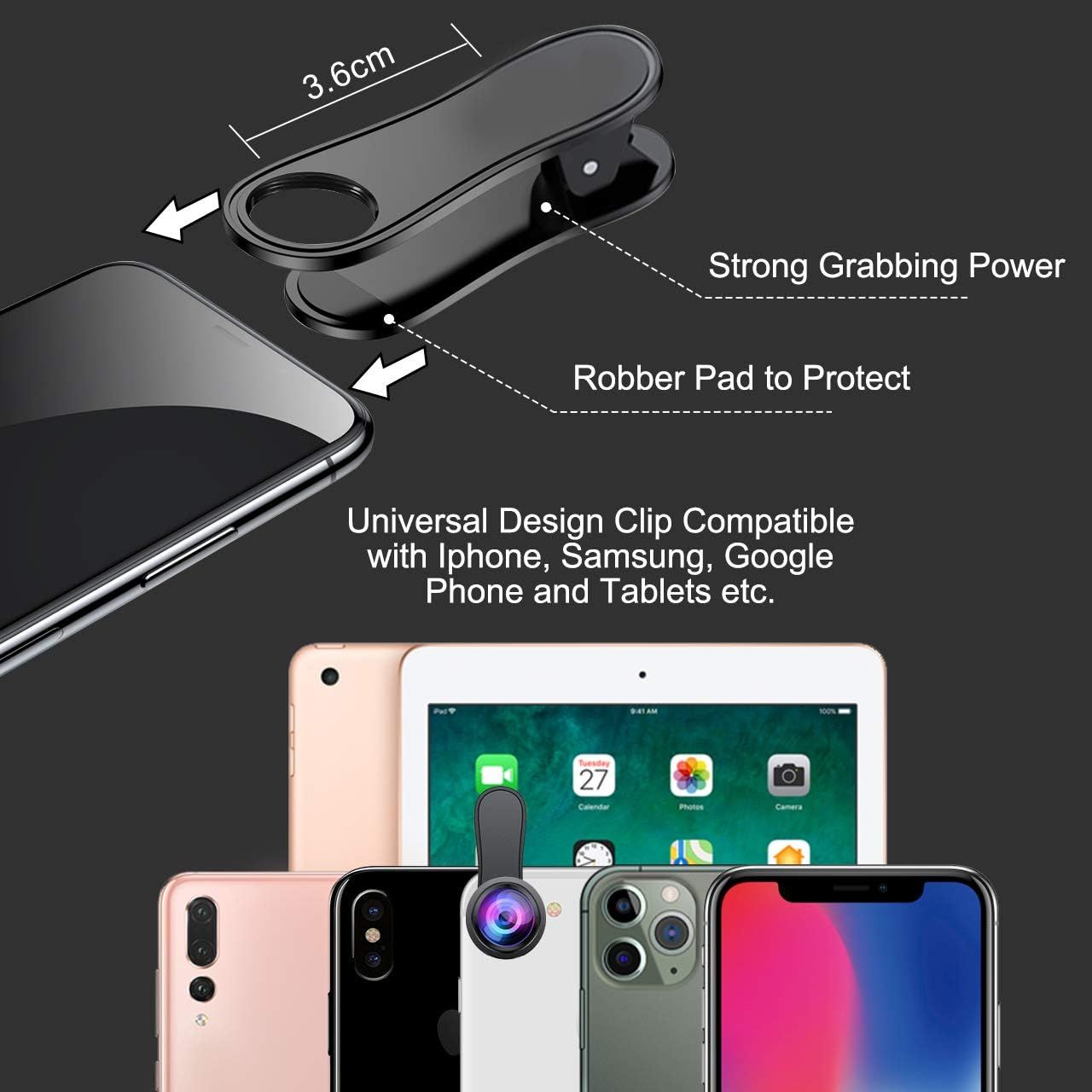 Breaks down the physical components and design features of the phone clip accessory, highlighting its protective rubber pad, strong grip mechanism, and dimensional specifications to help shoppers…
