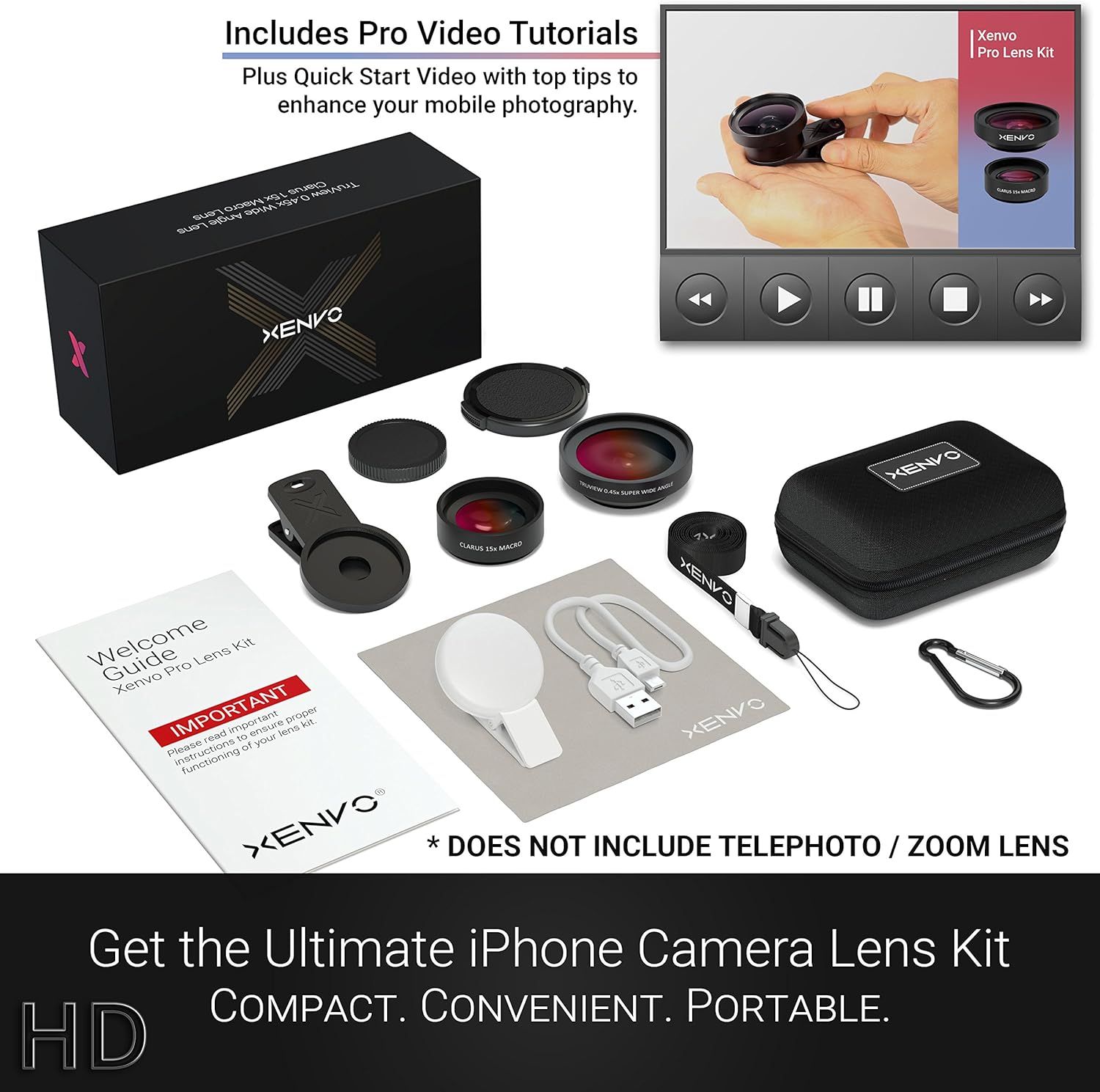 Shows everything included in the kit to help shoppers understand the complete value and contents they will receive, including lenses, case, accessories, and educational video tutorials.